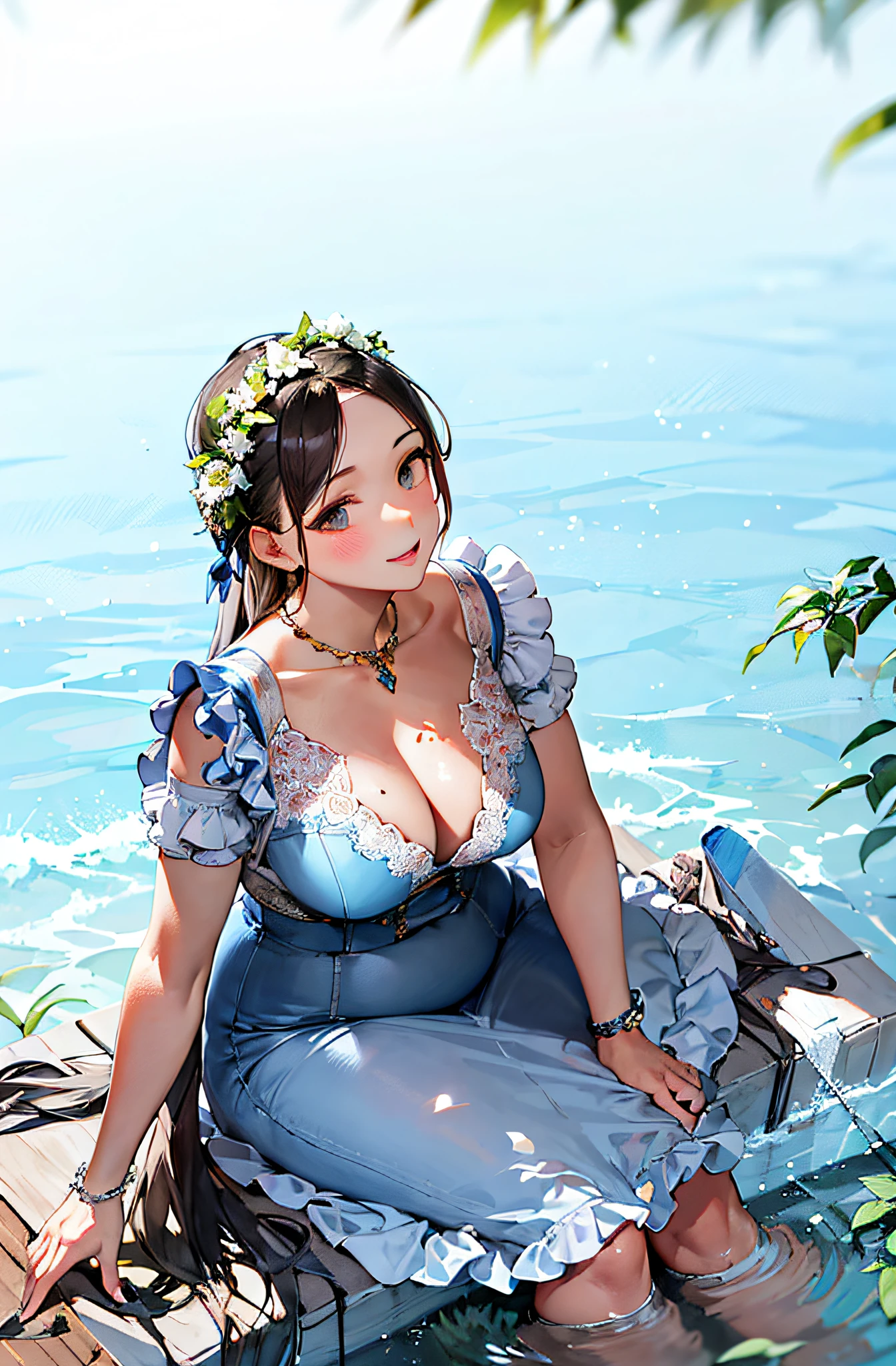 detailed,looks into camera,blue skirts,Garland on the head,Sit by the water,Detailed face,Sexy,Plump posture,Sit by the water