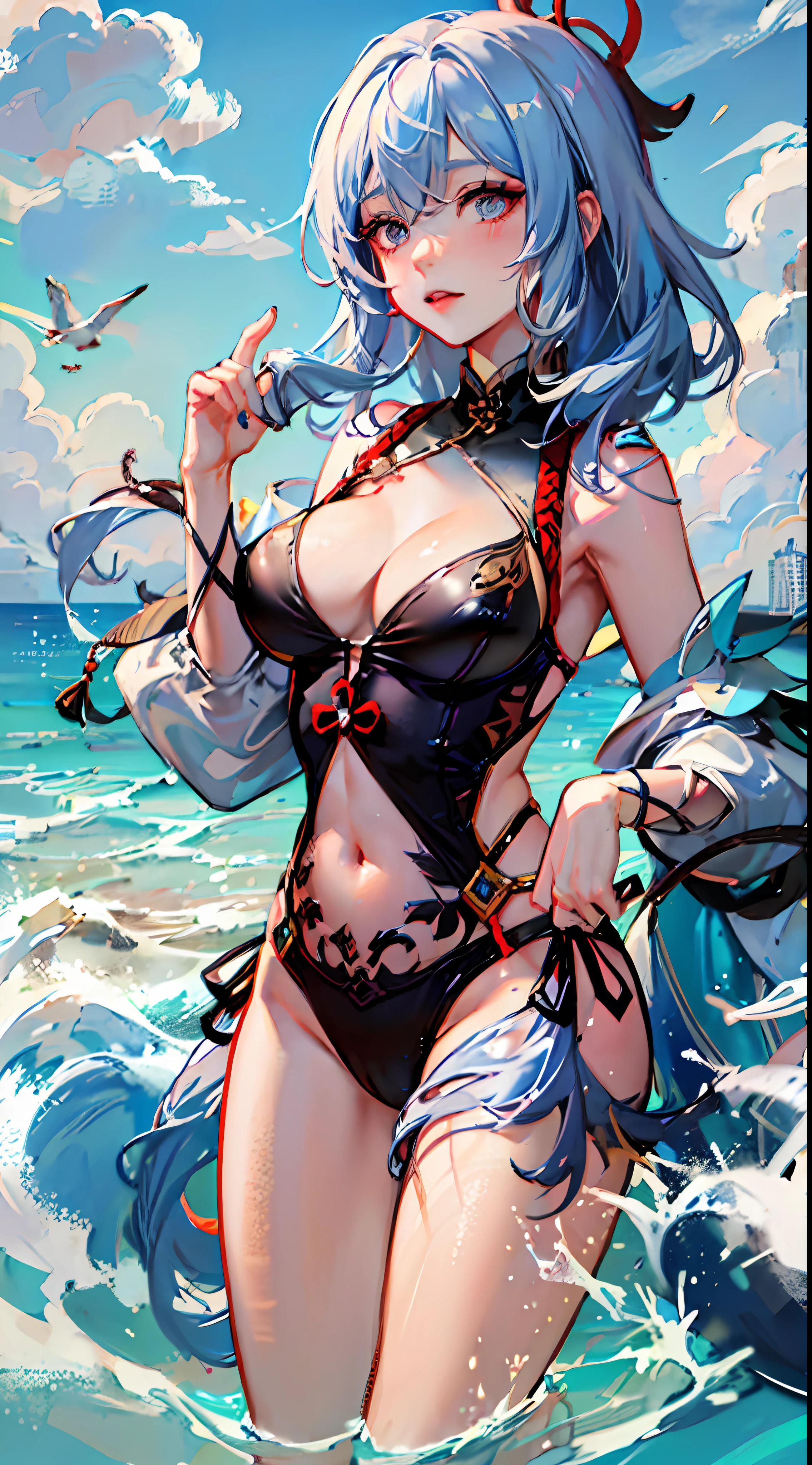 Shen Hak Ganyu\(genshin impact\) 1girl，anime girl with blue hair and a sword in her hand, white-haired god, detailed anime art, Detailed anime artwork，Full body entrusted girl blush, Transparent swimsuit，Breasts, Chinese knot, ((Masterpiece)) Swimwear, Sexy swimwear, Seaside, beach, Ocean lift beach resort swimwear straight chest transparent swimsuit legs