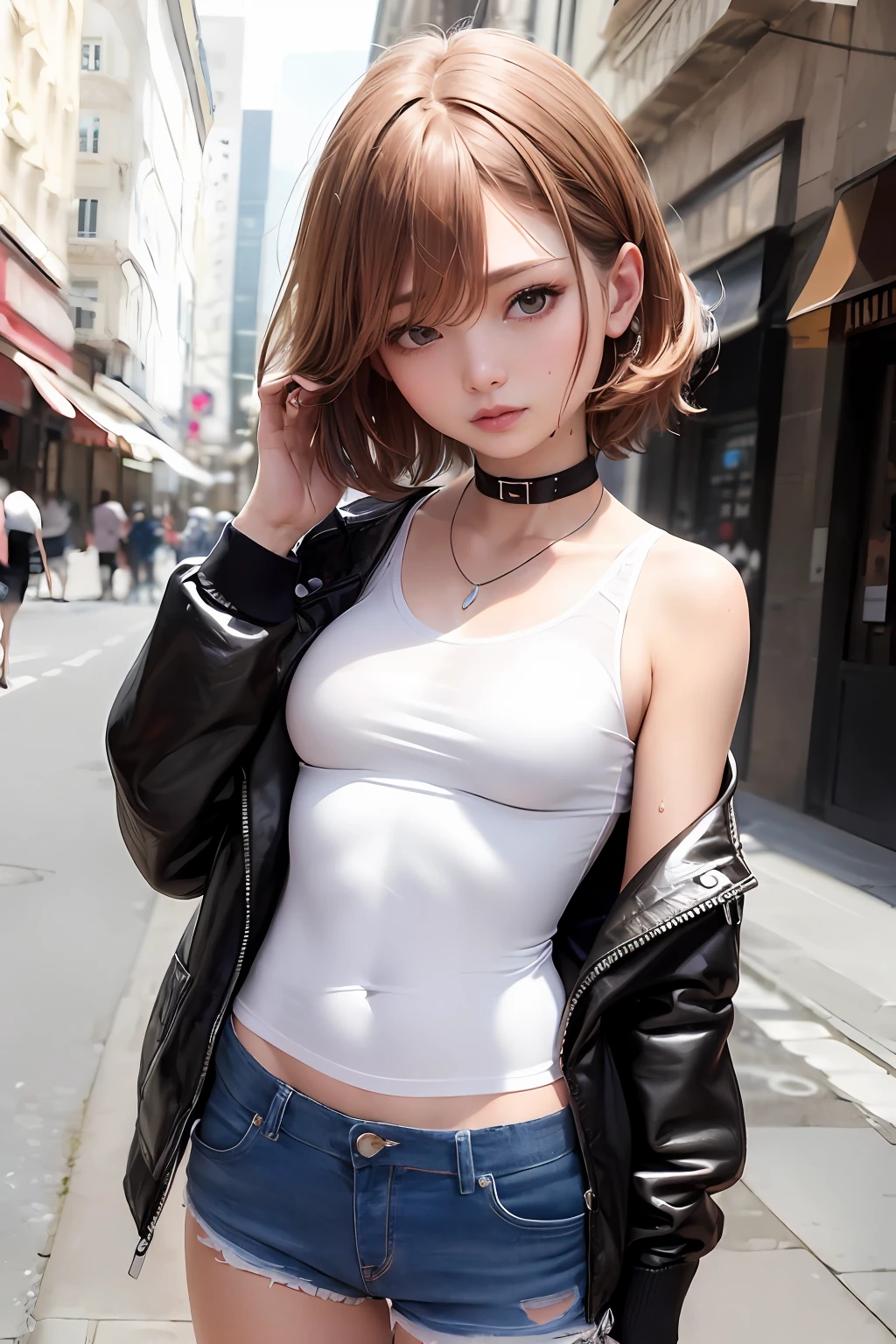 ((best qualtiy, 8k, tmasterpiece:1.3)), sharp:1.2, perfect figure beautiful woman:1.4, Slim abs:1.2, ((Layered Hair Style, huge tit:1.2)), (Short shirt with wet white buttons：1.1），（Sateen，the street：1.2），white color hair:1.2，Get wet：1.5，Highly detailed facial and skin texture，A detailed eye，二重まぶた
