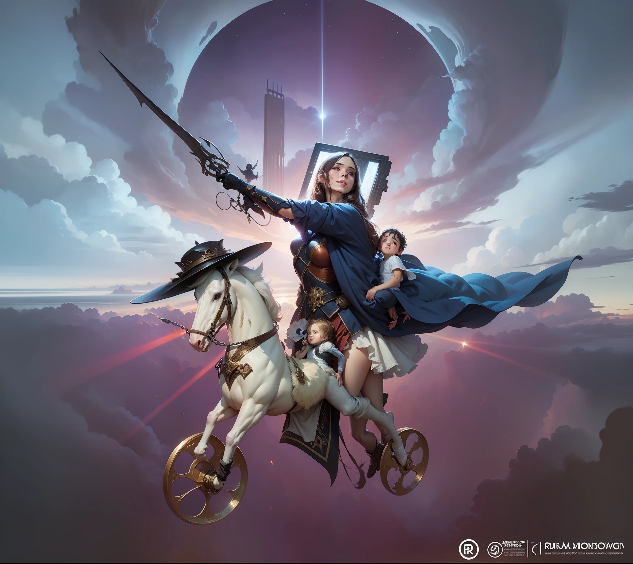 Masterpiece, Woman and Child, Virgin Mary Holding Little Boy in Arms, Aura on Head, Smile, Heavenly Sky, Half Body, ((Divine Light)), Ethereal, Clouds, Backlight, Realistic Portrait, Symmetry, Strong, Complex Painting, Highly Detailed, Digital Painting, Art Station, Concept Art, Fluid, Sharp Focus, Illustration, Gate to Heaven, Film Lighting, Works by Artgerm and Greg Rutkowski and Alphonse Muya