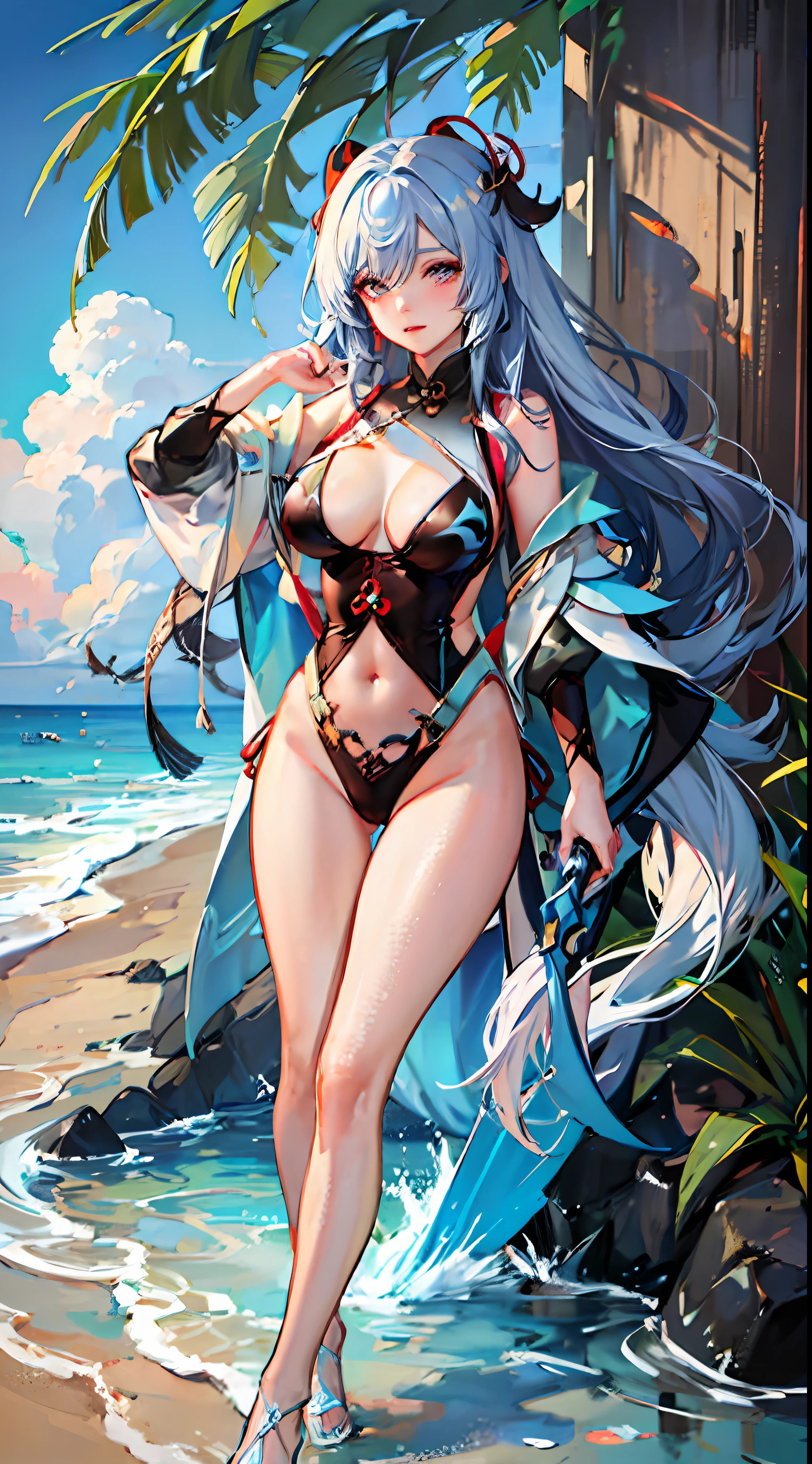 Shen Hak Ganyu\(genshin impact\) 1girl,anime girl with blue hair and a sword in her hand, white-haired god, detailed anime art, Detailed anime artwork,Full body entrusted girl blush, Transparent swimsuit,Breasts, Chinese knot, ((Masterpiece)) Swimwear, Sexy swimwear, Seaside, beach, Ocean lift beach resort swimwear straight chest transparent swimsuit legs