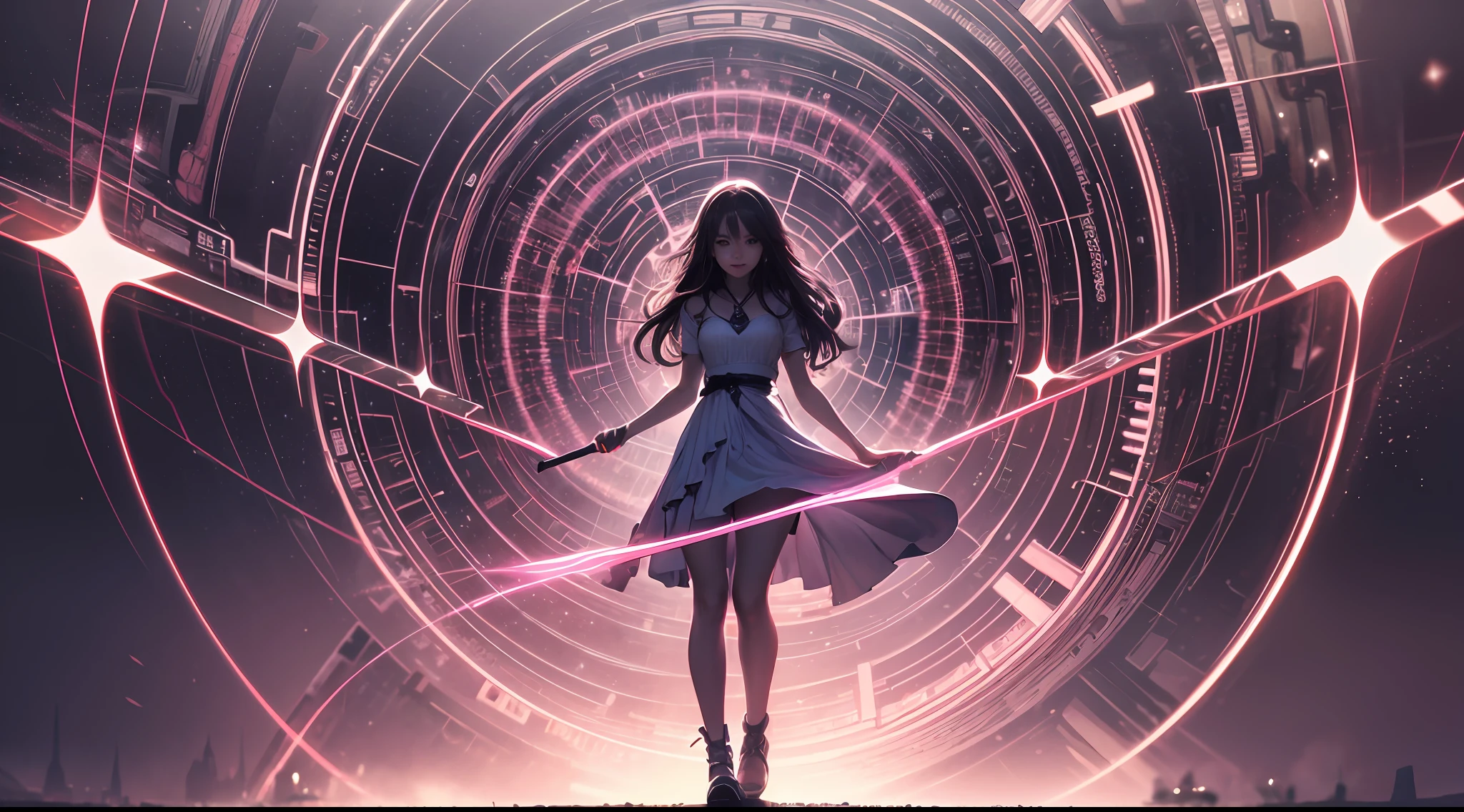 a girl on the beach, Long messy hair, Smiling, Full body,Holding a magic wand in his right hand、casting spells、A magic circle appeared above my head and at my feet.、 hyper detailed painting, luminism, 4K resolution, fractal isometrics details bioluminescence , Intricately detailed , Cinematic,Isometric-centric surreal , Cinematic, Abstract beauty, Approaching perfection, Pure form, Golden ratio, minimalistic, Concept art, Intricate details, High resolution, hyperdetails, Highly detailed