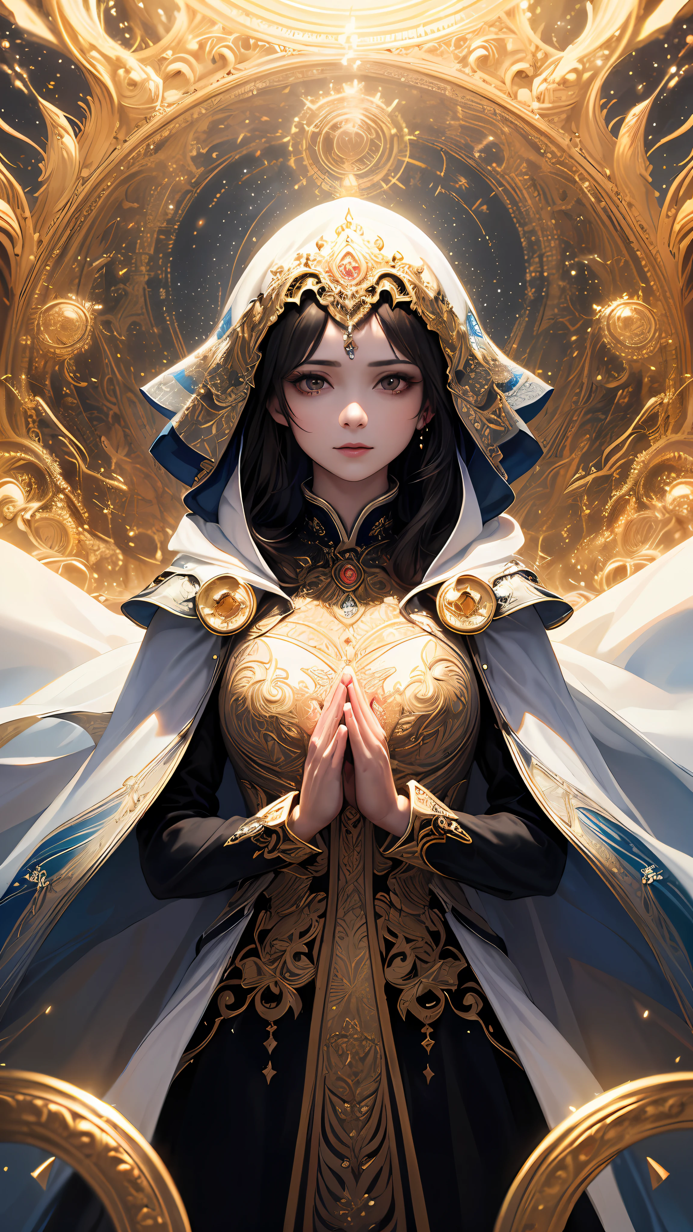 (masterpiece, top quality, best quality, official art, beautiful and aesthetic:1.2), (1girl), extreme detailed, (fractal art:1.3), colorful, highest detailed, perfect face, upper body, HDR, (praying:1.3), (white cloak golden lines:1.2), galaxy, (light streaks), striking visuals, (dynamic streaks, luminous trails:1.2), vibrant colors,