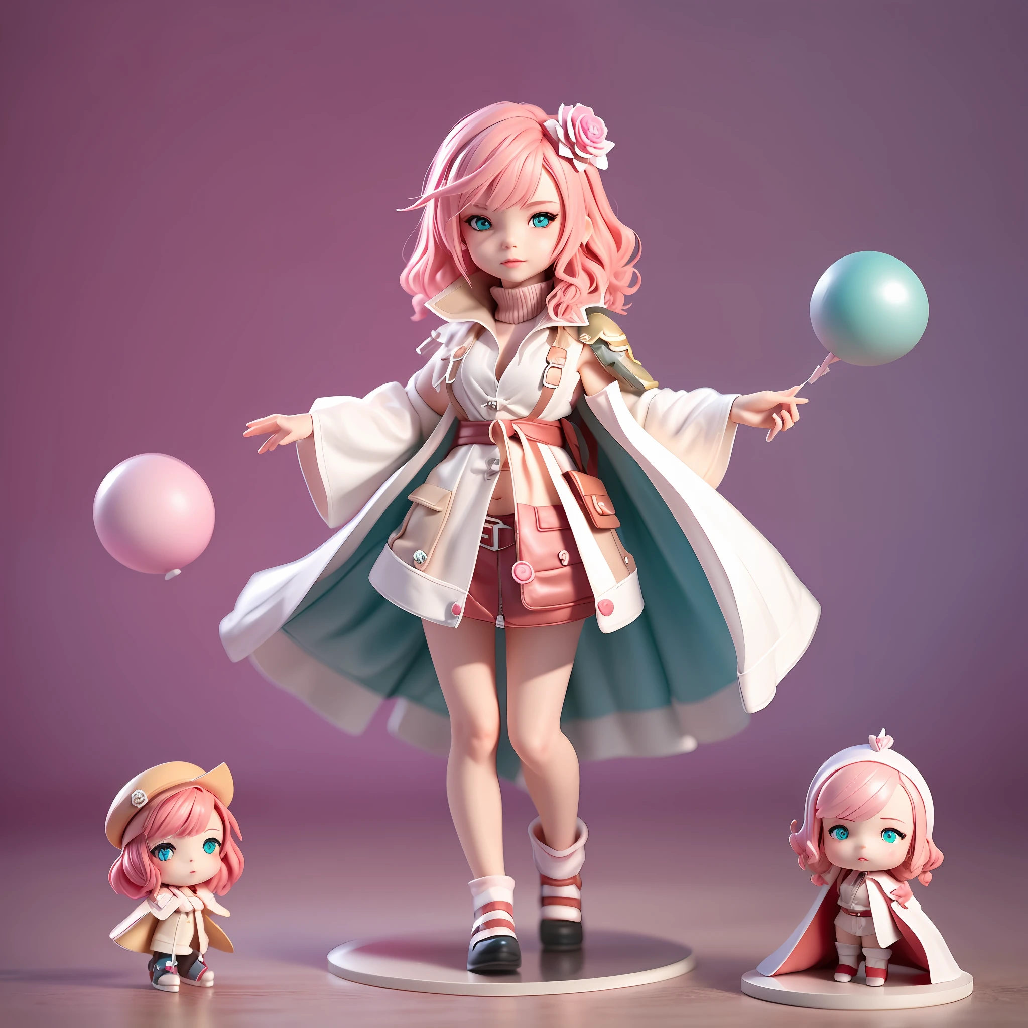blind box toy style, Chibi, Full body, Foot Stand, Writing Final Fantasy, Medium short hair, Wavy rose-pink hair, Bright aqua eyes, White shirt, red cape, Standing