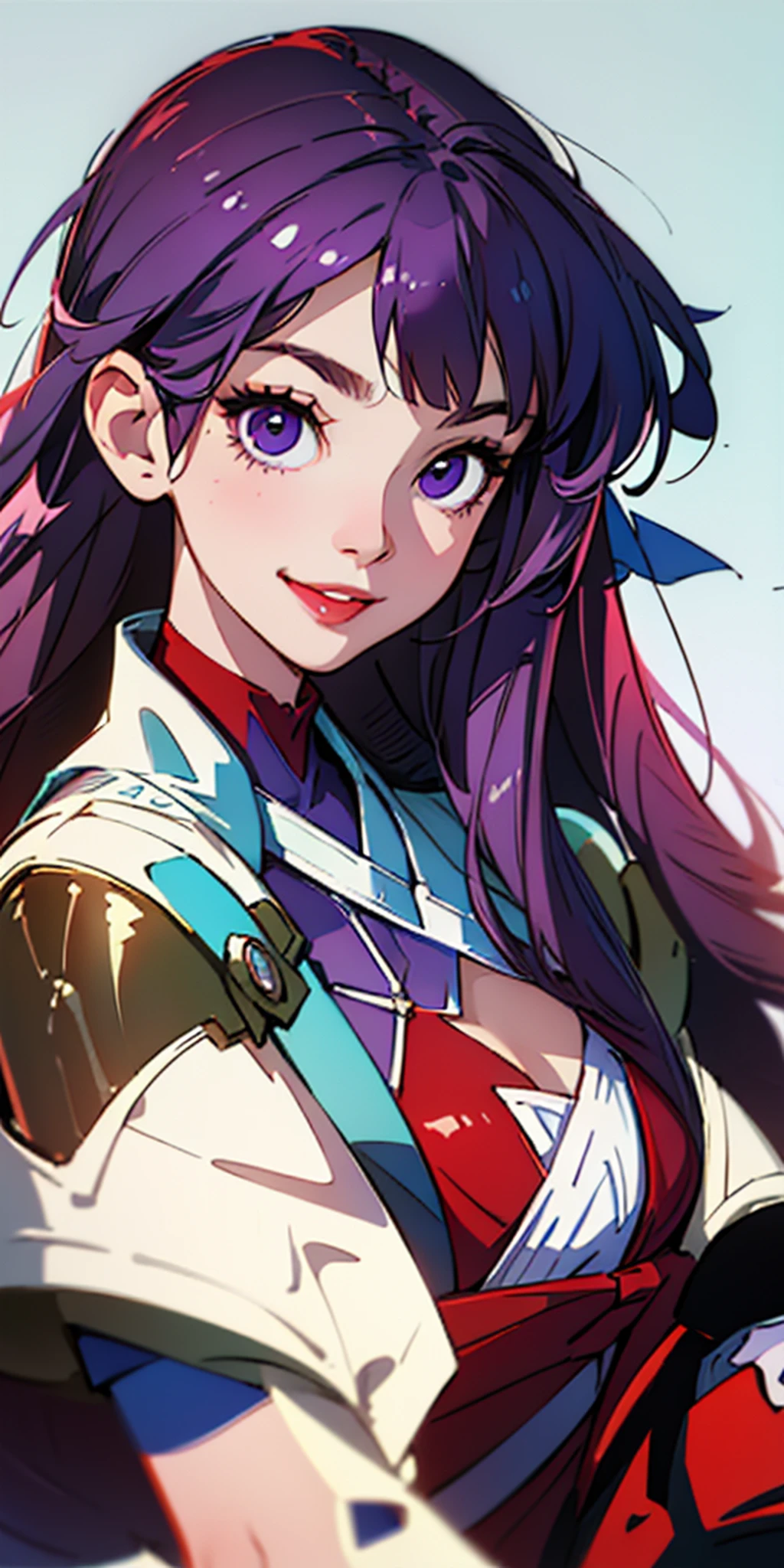 (best quality, masterpiece), 1girl, smile, long light purple hair, purple eyes, bangs, cute, magician, red clothing, high fantasy