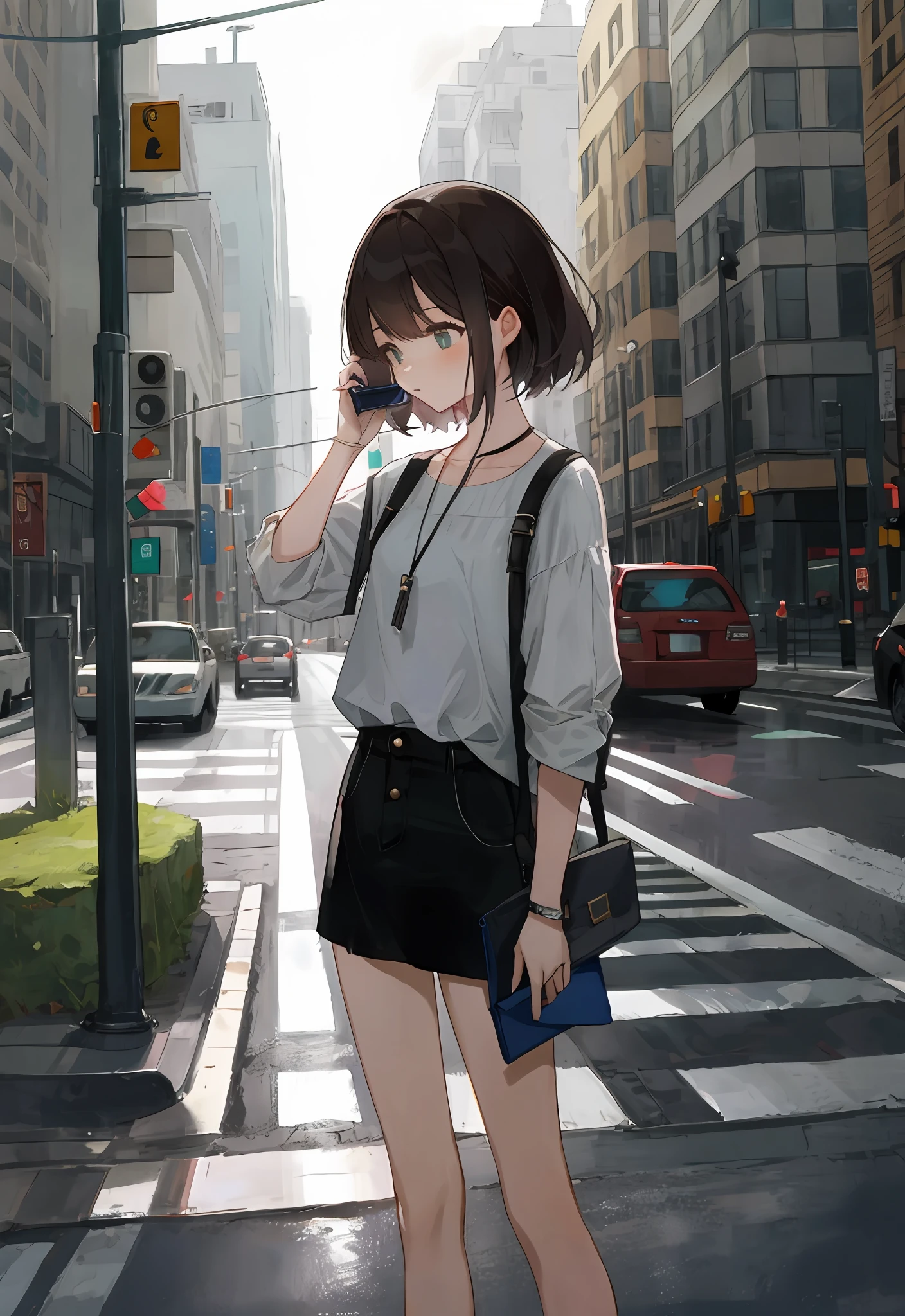 Beautiful woman, fiddling with cell phone in the middle of the street, short clothes