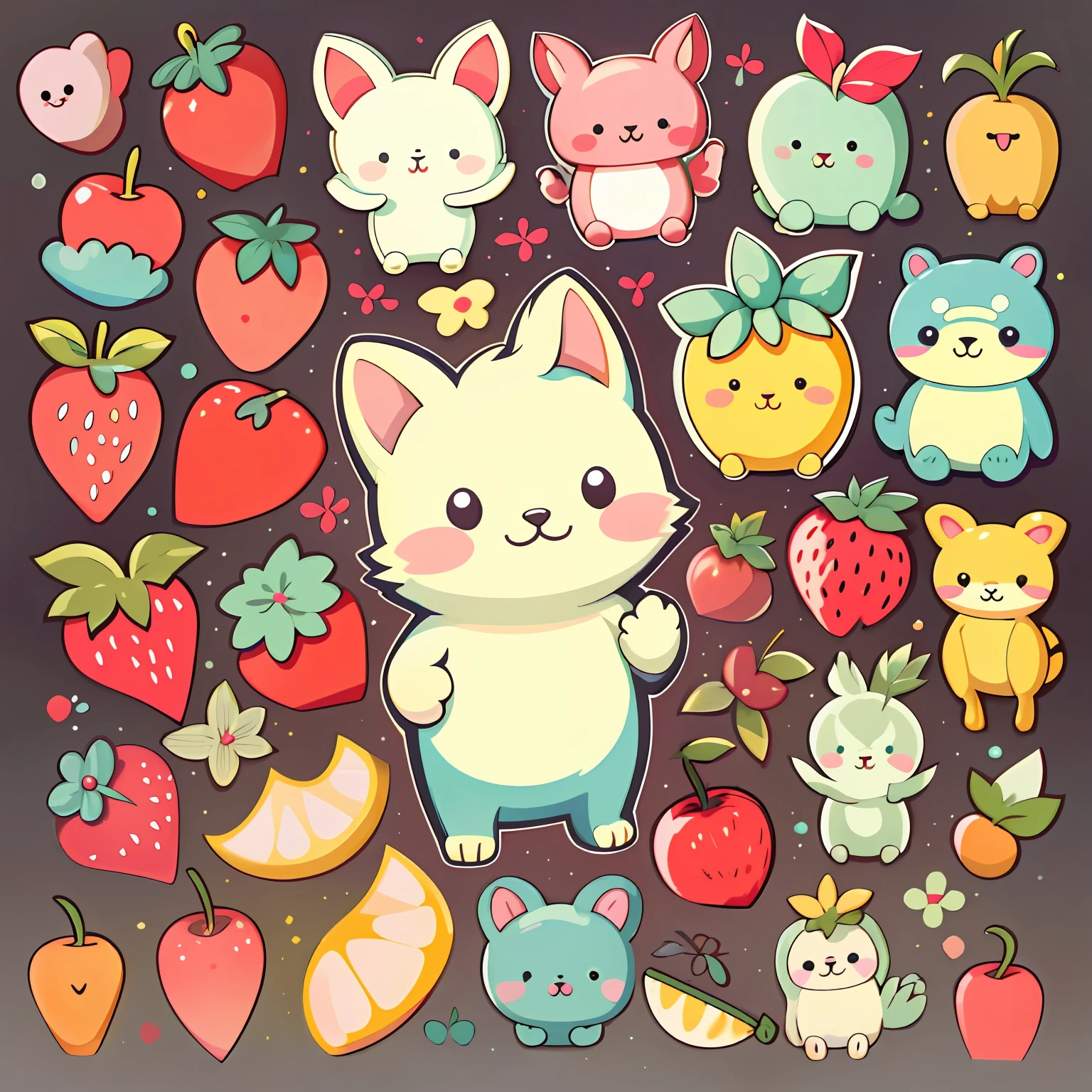 Individual stickers， 1sticker， （cherrie））， white backgrounid， nothing background， simple backgound， dk， adolable， pastel colour， vectorstyle， no gradien，Refinement。Various fruits，All kinds of cute animals