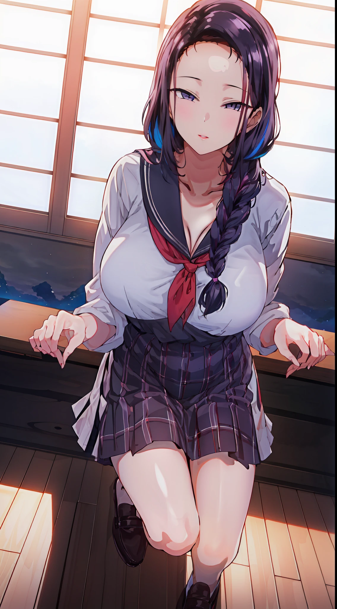 (Night:1.7), gal, classroom, squeze breast,
(school_gal_uniform:1.3),cleavage,
red_hair, long_hair, hair_pulled_back,parted_lips,purple_eyes, braid,
1 girl, 24yo,mature female,Beautiful Finger,Beautiful long legs,Beautiful body,Beautiful Nose,Beautiful character design, perfect eyes, perfect face,
looking at viewer, in the center of the image,official art,extremely detailed CG unity 8k wallpaper, perfect lighting,Colorful, Bright_Front_face_Lighting,
(masterpiece:1.0),(best_quality:1.0), ultra high res,4K,ultra-detailed,
photography, 8K, HDR, highres, absurdres:1.2, Kodak portra 400, film grain, bokeh:1.2, lens flare, (vibrant_color:1.2)
(Beautiful,large_Breasts:1.4), (beautiful_face:1.5),(narrow_waist), full body shot, perfect finger, perfect toes