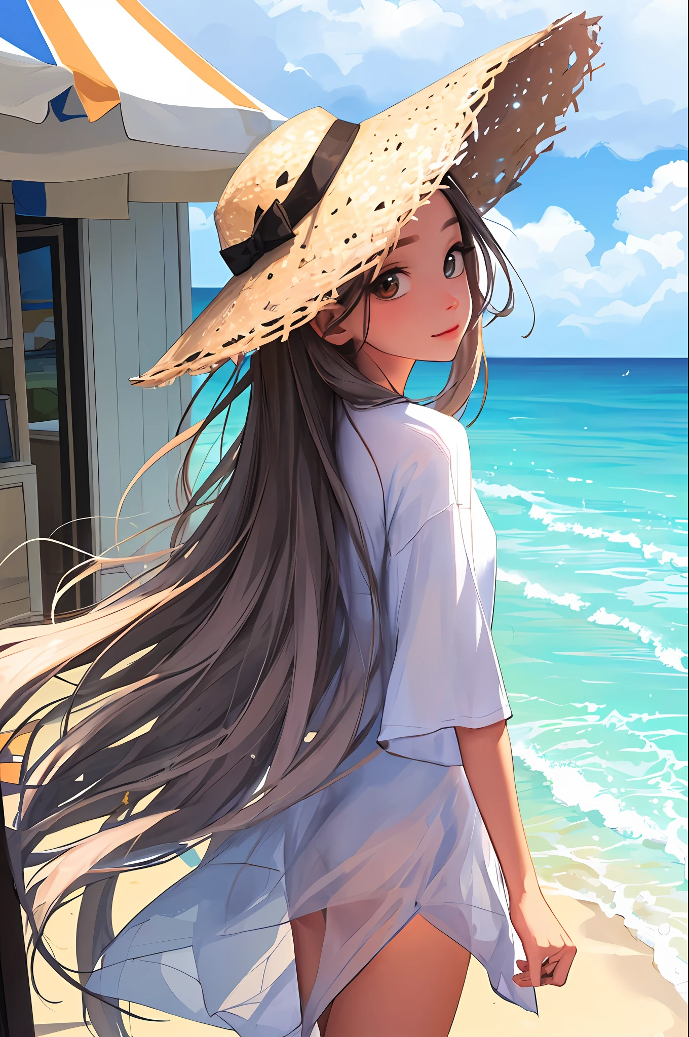 Anime girl with long hair and a hat on the beach - SeaArt AI