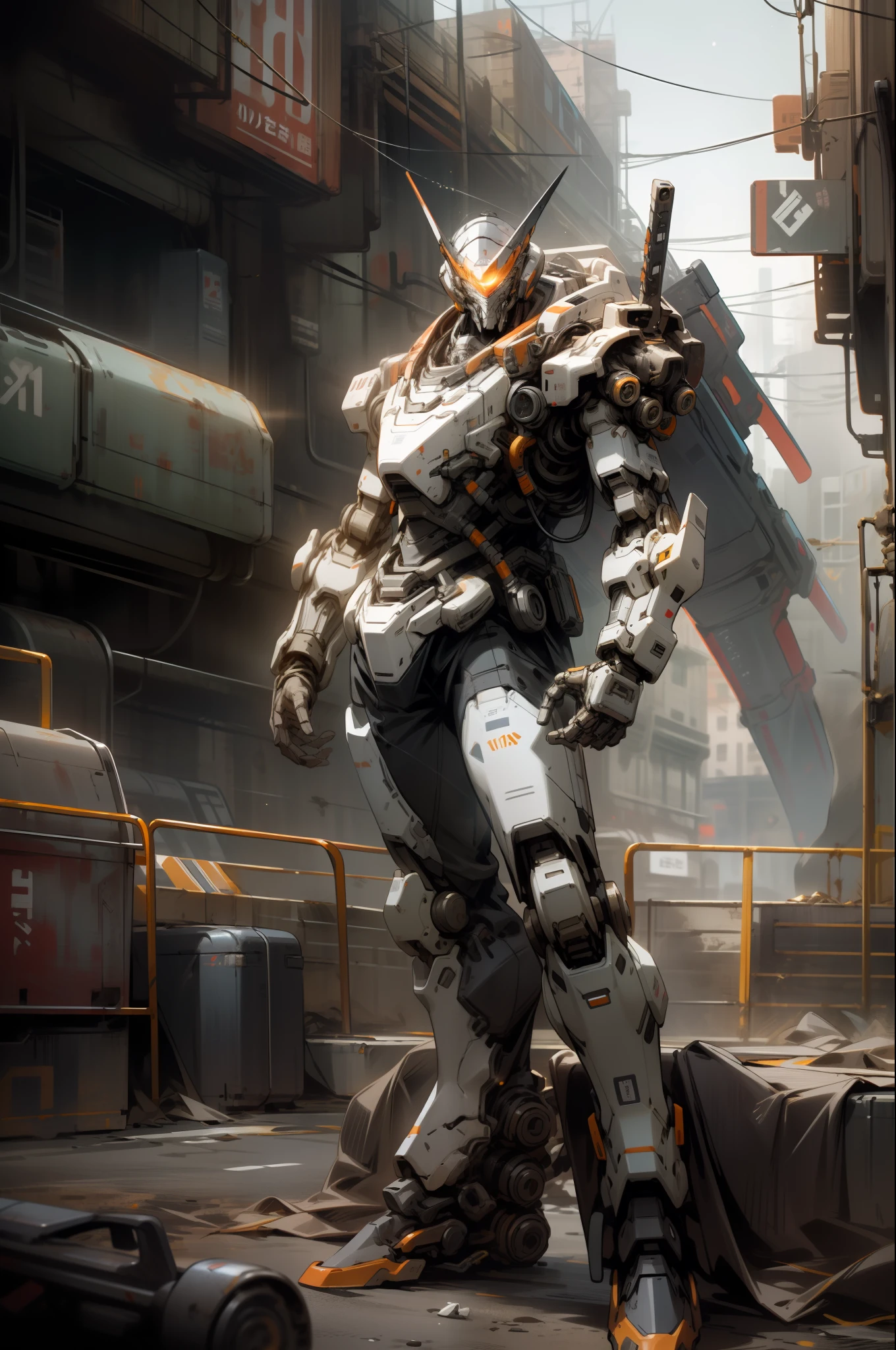 On the moon, barren planet, ruins, holding weapons, no humans, glowing, robot, building, glowing eyes, orange mech, science fiction, city, reality, mecha, galaxy background, full body, neon, cyber Punk, 8K wallpapers, ultra-detailed artwork, cinematic lighting, realistic photos, Dark_Fantasy, Cyberpunk, (chain saw, chain saw man, Red: 1.1), 1man, Mechanical marvel, Robotic presence, Cybernetic guardian, wearing a worn-out machine armor suit, intricate, (steel metal [rust]), elegant, sharp focus, photographed by greg rutkowski, soft lighting, vibrant colors, masterpiece, ((street)), cowboy shot, dynamic pose,