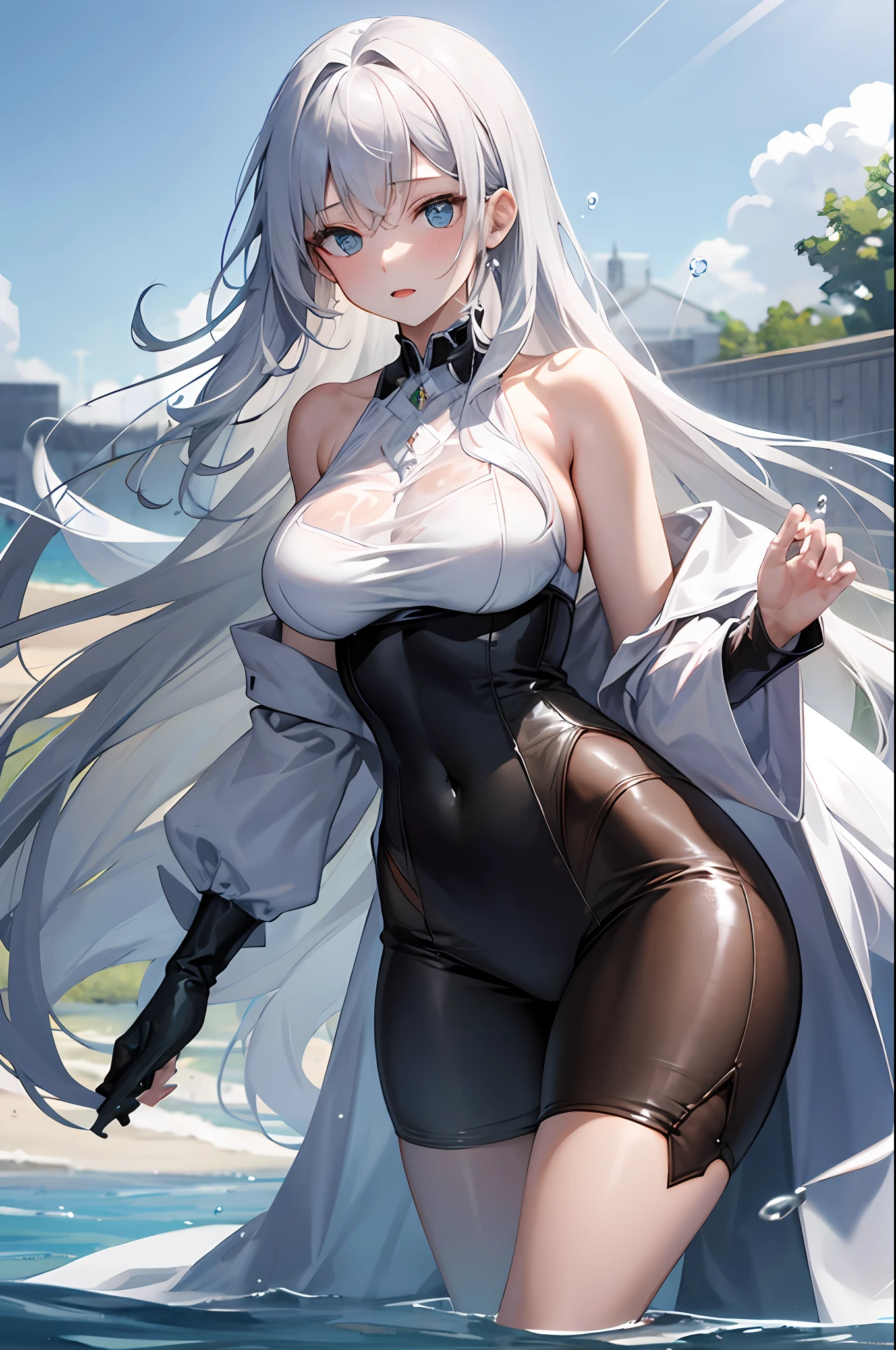 Women with large breasts，Upright breasts,blue color eyes， Extremely gray hair, White skin, Completely naked，Not wearing a single piece of clothing，Royal sister type，Get wet，There are water droplets hanging all over the body