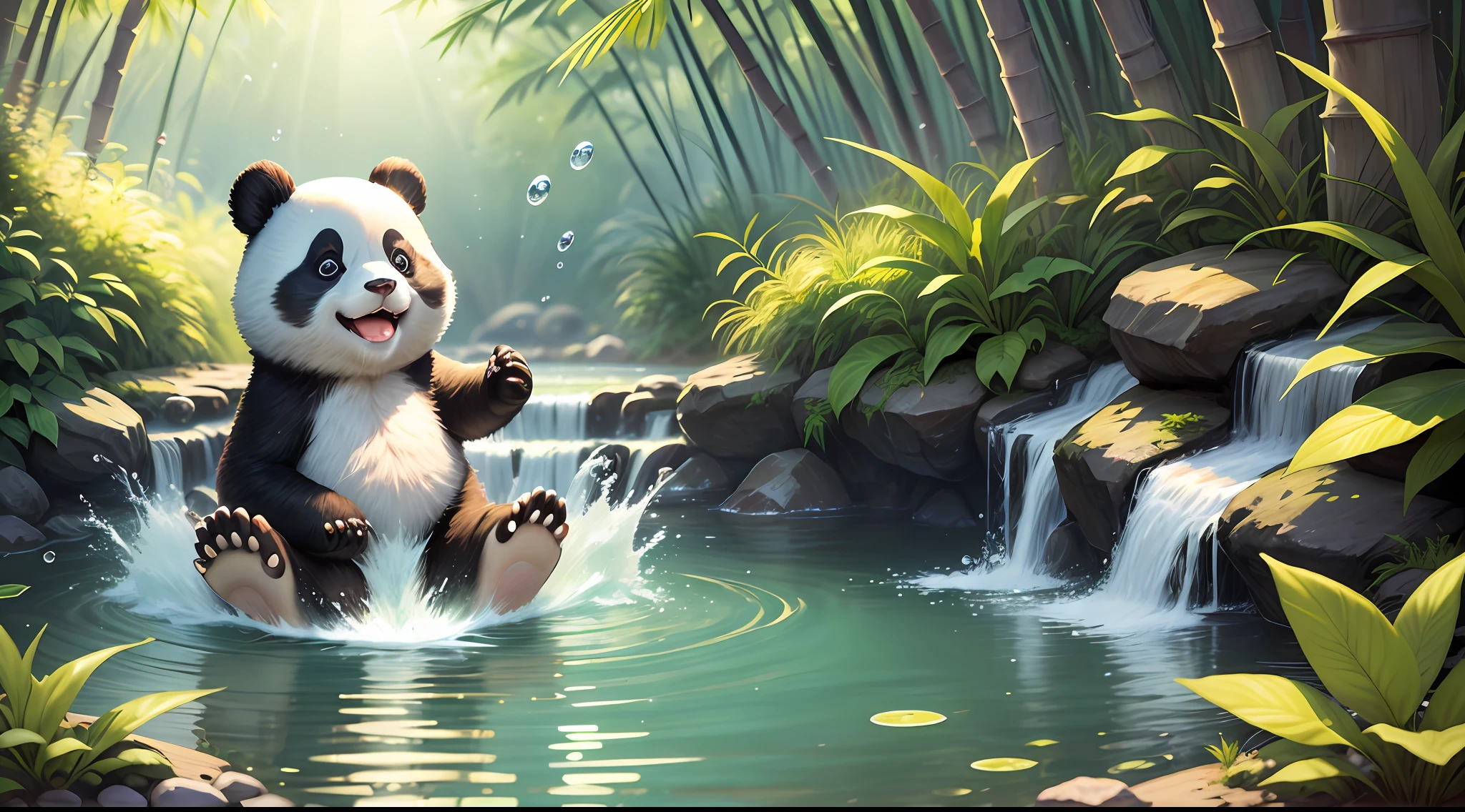 "Adorable PC wallpaper featuring a charming animated cartoon panda enjoying a playful water adventure. The panda is seen gleefully splashing in a crystal-clear pool of water, surrounded by lush green bamboo. Its round, expressive eyes radiate joy as water droplets cascade around it. The sunlight casts a warm and inviting glow, creating a serene and peaceful atmosphere. The scene is filled with a sense of carefree happiness and the wonders of nature. This delightful wallpaper will bring a touch of cuteness and tranquility to your desktop. --v 5 --ar 16:9 --stylize 200