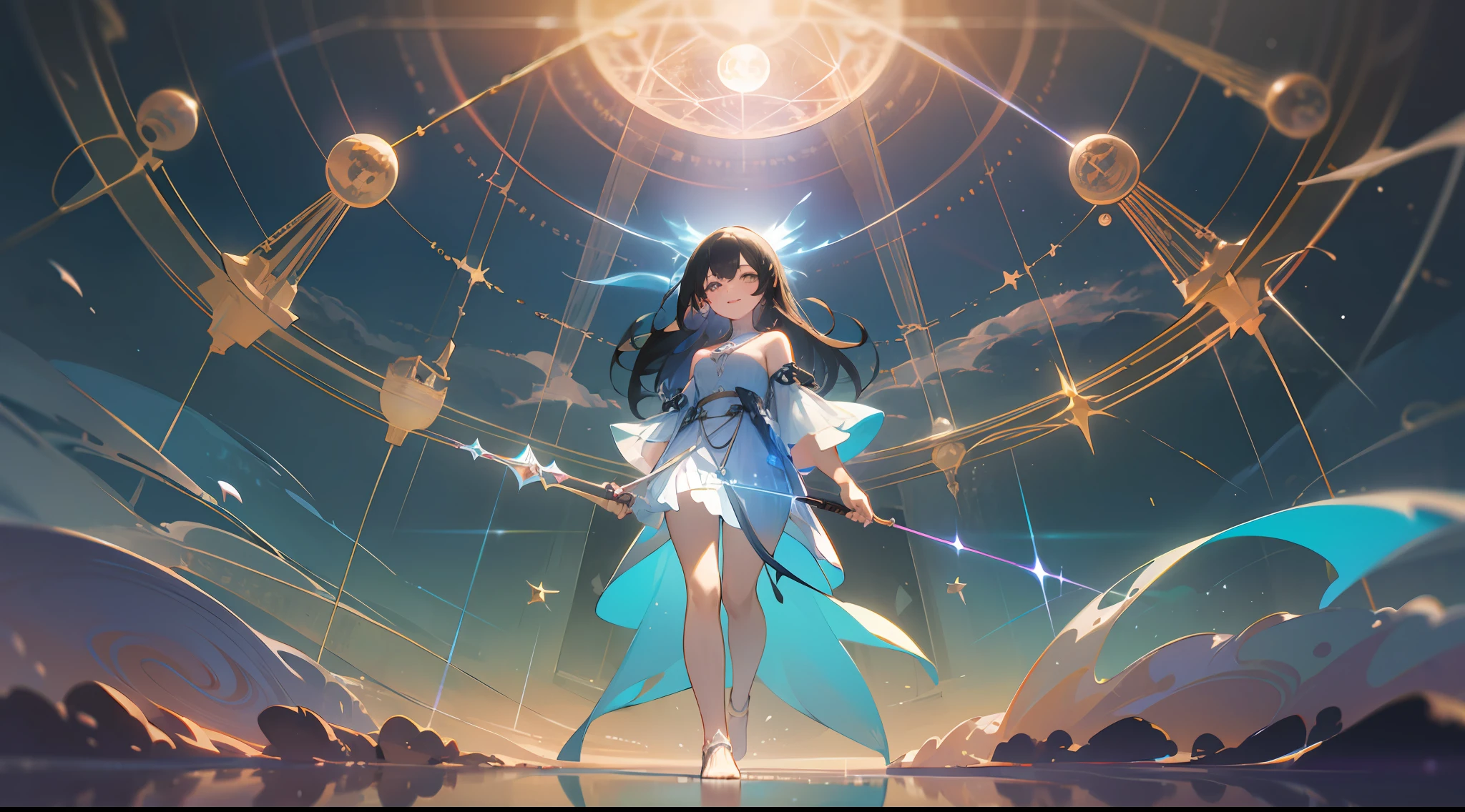a girl on the beach, Long messy hair, Smiling, Full body,Holding a magic wand in his right hand、casting spells、A magic circle appeared above my head and at my feet.、 hyper detailed painting, luminism, 4K resolution, fractal isometrics details bioluminescence , Intricately detailed , Cinematic,Isometric-centric surreal , Cinematic, Abstract beauty, Approaching perfection, Pure form, Golden ratio, minimalistic, Concept art, Intricate details, High resolution, hyperdetails, Highly detailed