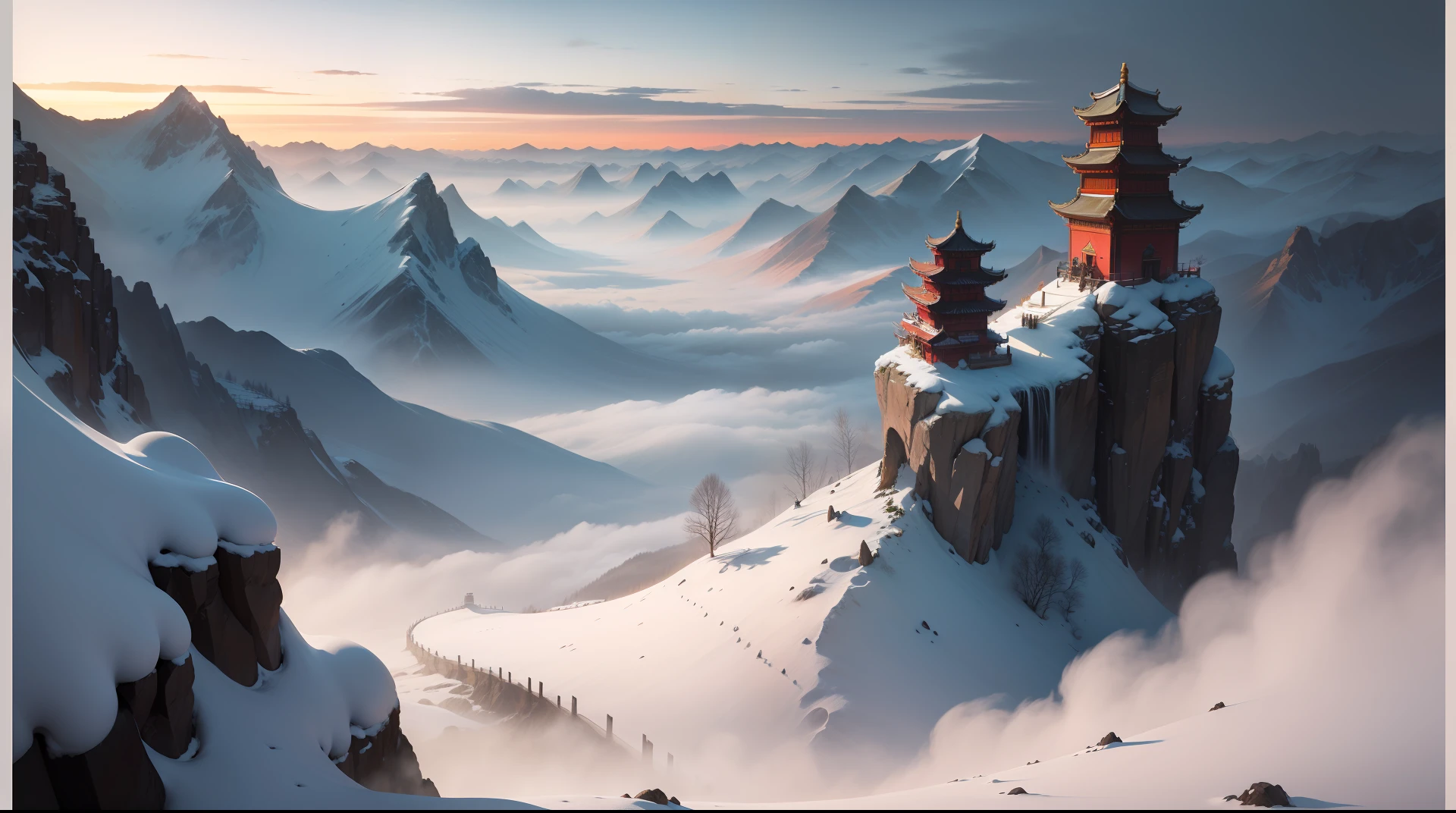 tmasterpiece，best qualityer，Chinese martial arts style，snowy day，High hills，Chinese architecture，Thin bridges，（（ (Chinese martial arts style))), The sky is vast, Even the mountain cliffs, ink wash style, Contour light, Atmospheric atmosphere, depth of fields, --auto