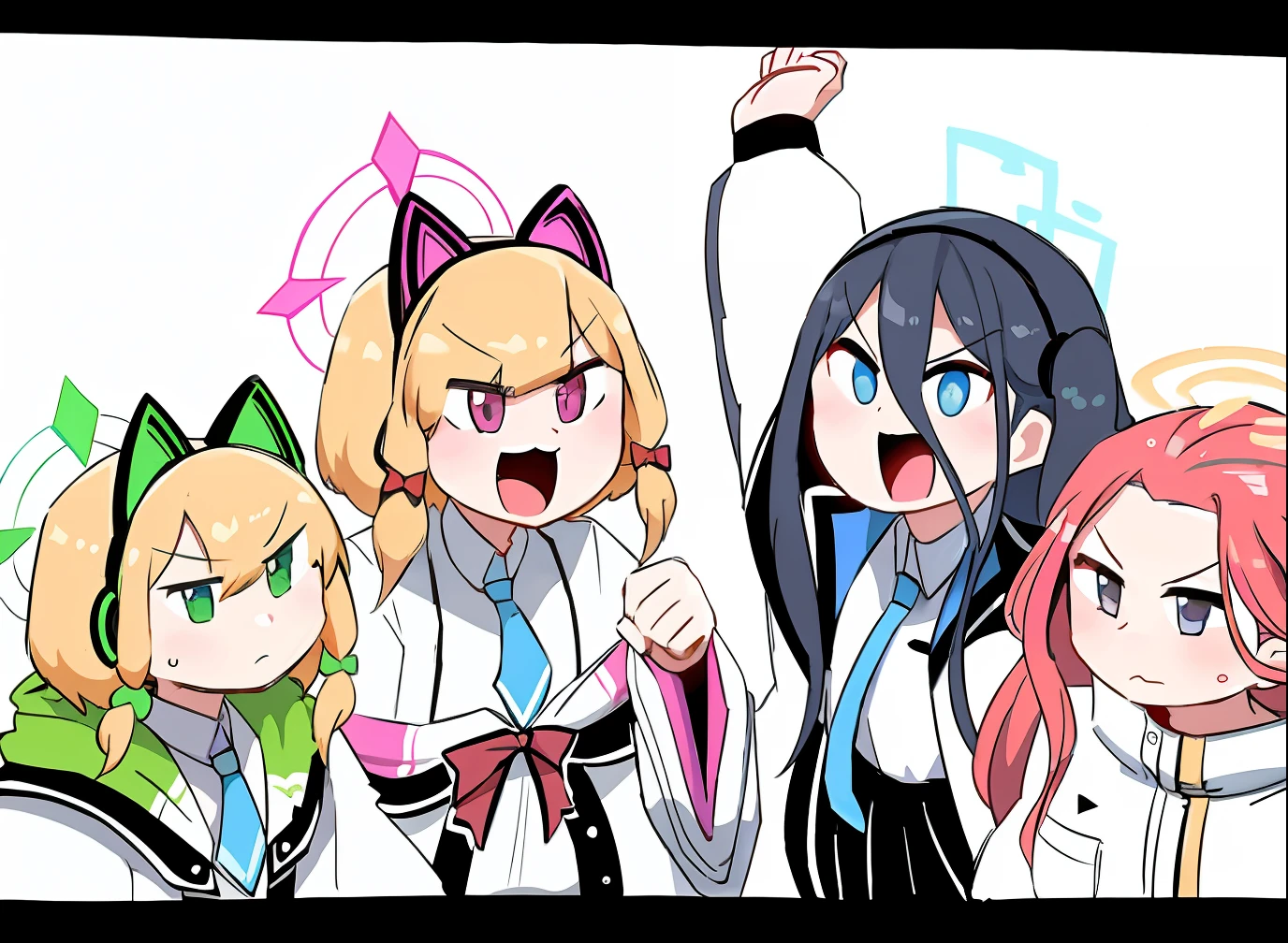 anime characters with different colored hair and blue eyes, Anime moe art style, hololive, Dynamic!!, ecchi anime style, Kantai collection style, nekomimi, Waifu, in the art style of 8 0 s anime, shirabii, in ryuuou no oshigoto art style, digital art from danganronpa