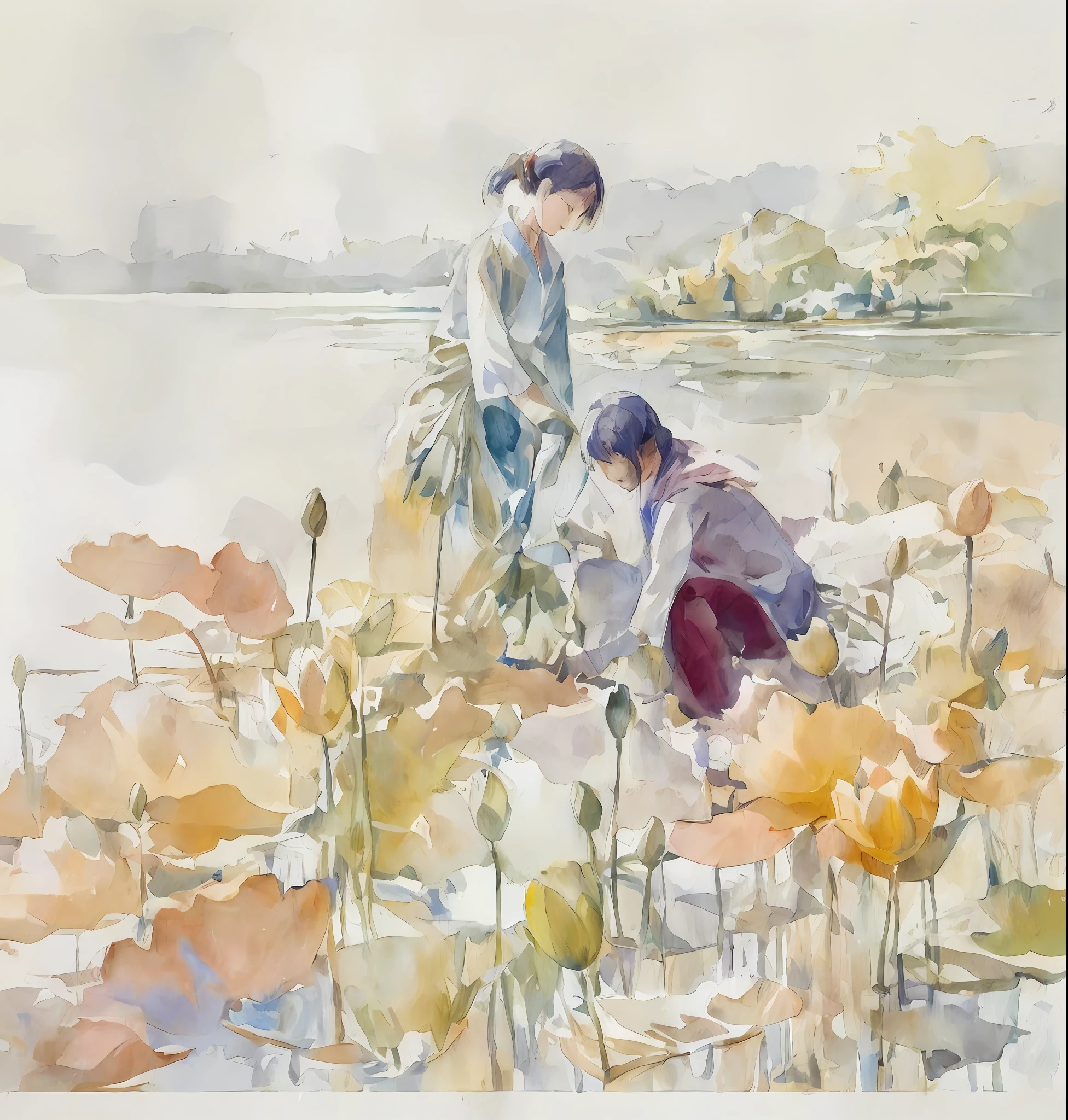 painting of two women in traditional clothing picking water lilies, by Bian Shoumin, by Lu Guang, lotus pond, by Zhou Wenjing, by Li Song, by Cao Buxing, by Li Tang, by Pu Hua, by Ju Lian, by Gong Kai, by Zeng Jing, by Jeong Seon, by Zhan Ziqian
