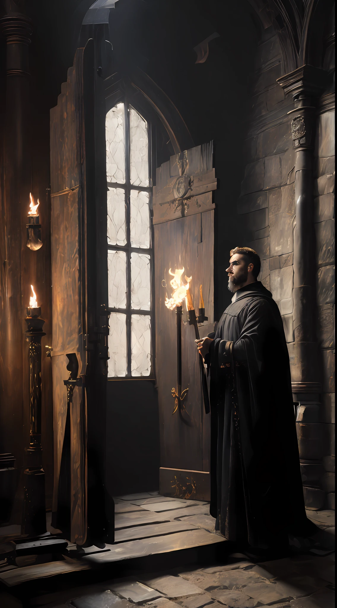 (masterpiece, UHD, oil painting, intricate:1.4), Heinrich Kramer, (sharp features:1.1), (stern grey eyes:1.2), black and white clerical attire, wooden cross, dark stone-walled Inquisition chamber background, large wooden door, iron implements, (torches casting dramatic shadows:1.2), (deep, muted colors:1.1), oppressive atmosphere, extreme close-up, looking away.