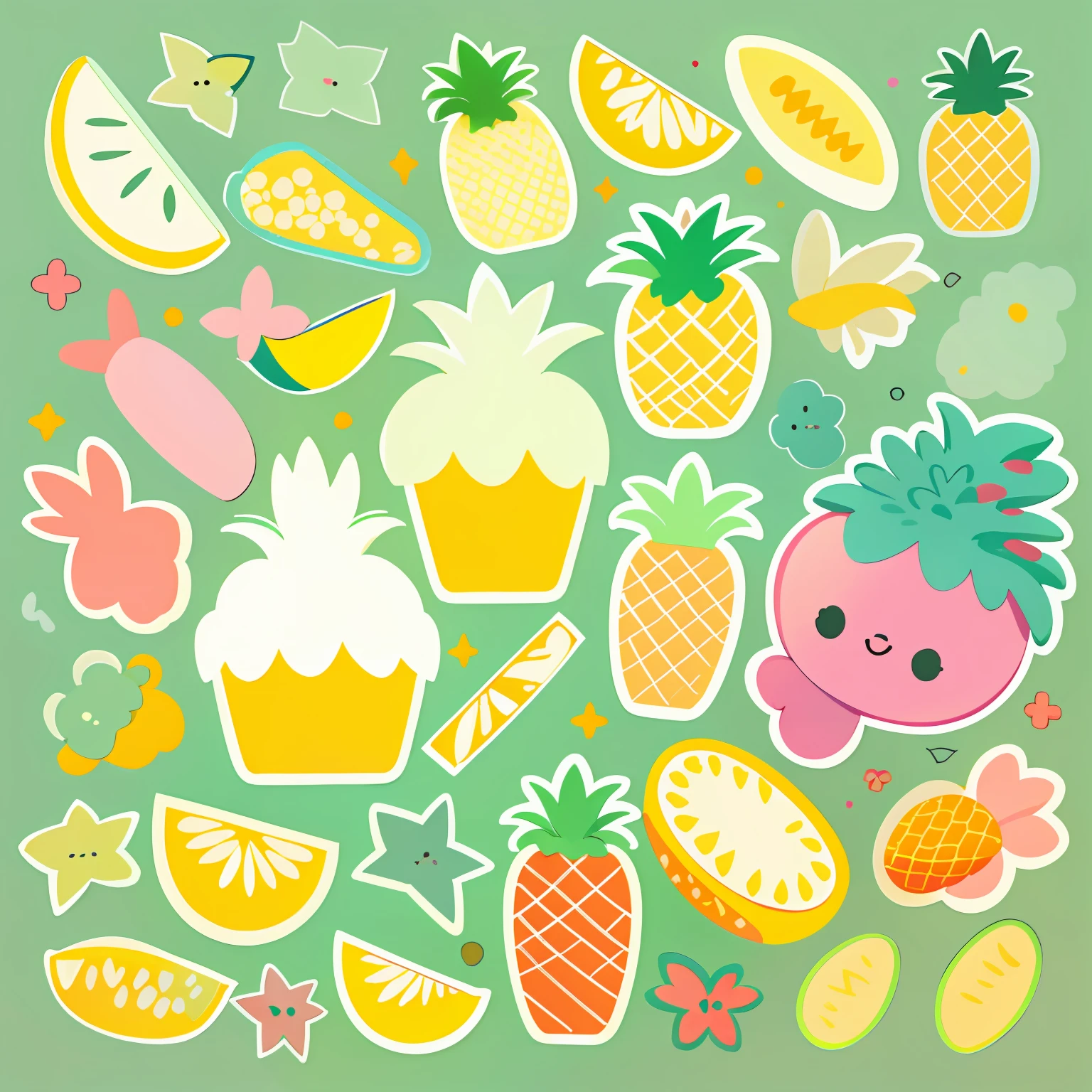 Individual stickers, white backgrounid, nothing background, simple backgound, dk, adolable, pastel colour, vectorstyle, no gradien,Refinement,pineapples,Pineapple elements。