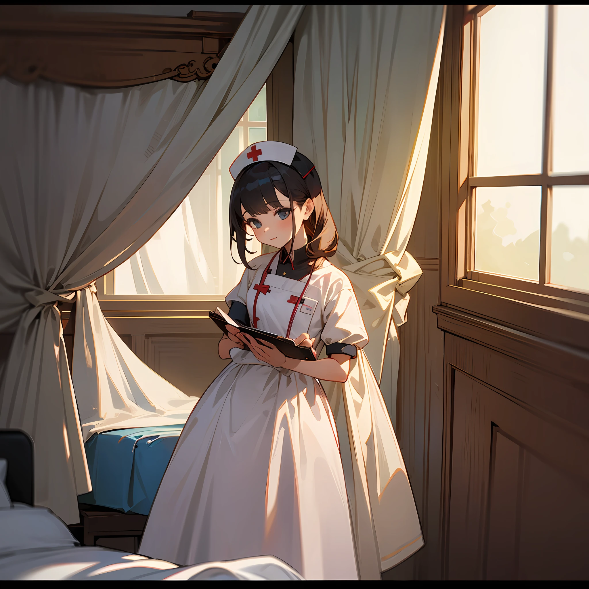 Infirmary, curtains, 1 girl, nurse, white dress, masterpiece, best quality, highly detailed --auto