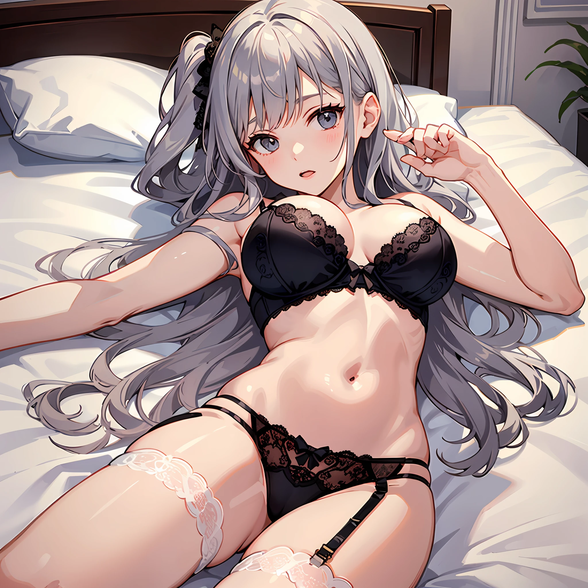 1 white-haired girl with her hands raised above her head, upper body lace bra, lying on the bed knee-high black lace suspender stockings