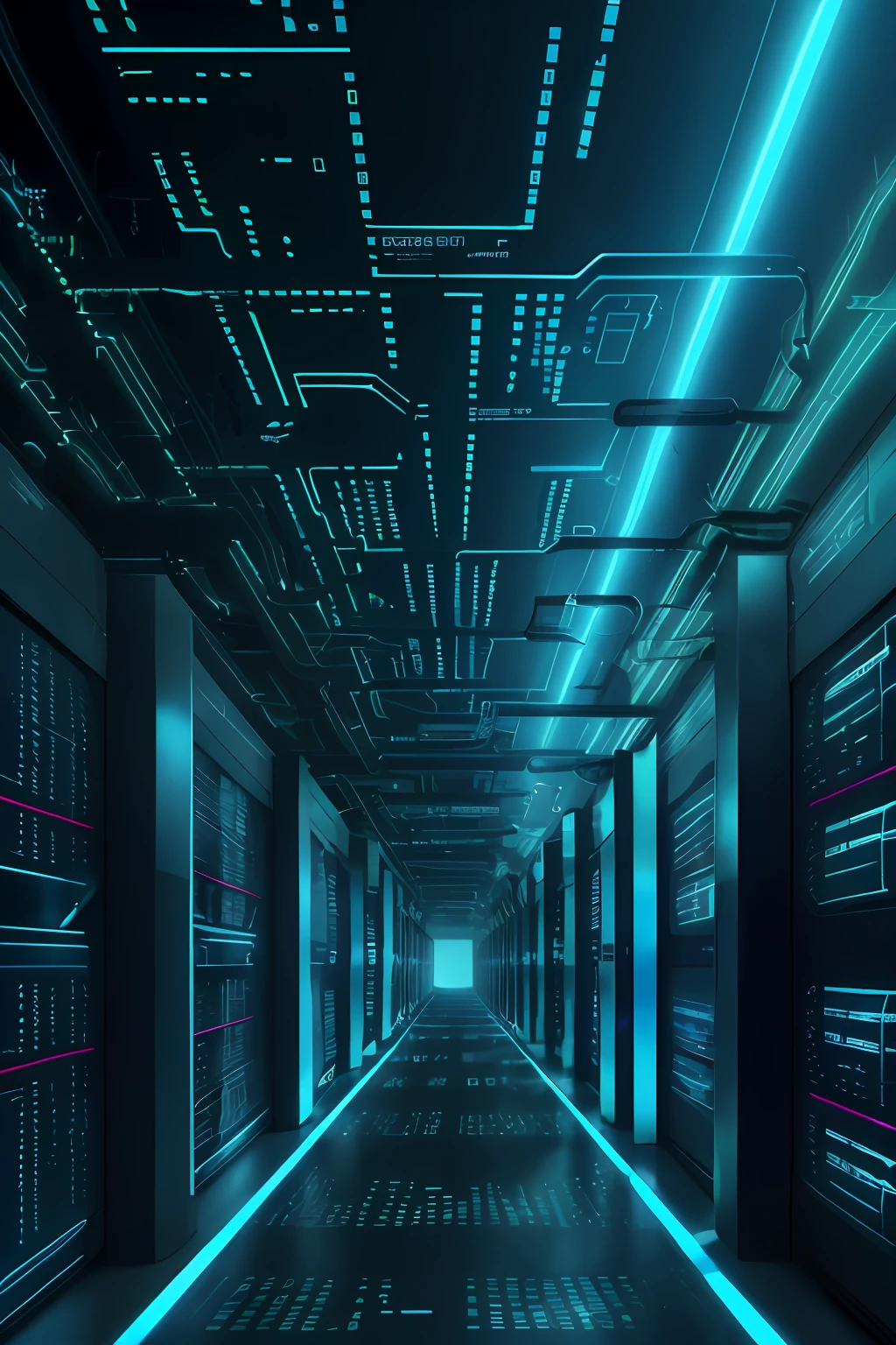 a dimly lit hallway with rows of data and computer screens, background is data server room, hacking into the mainframe, cyber space, in realistic data center, 3840 x 2160, 3840x2160, spaceship hallway background, cyber architecture, surreal cyberspace, in detailed data center