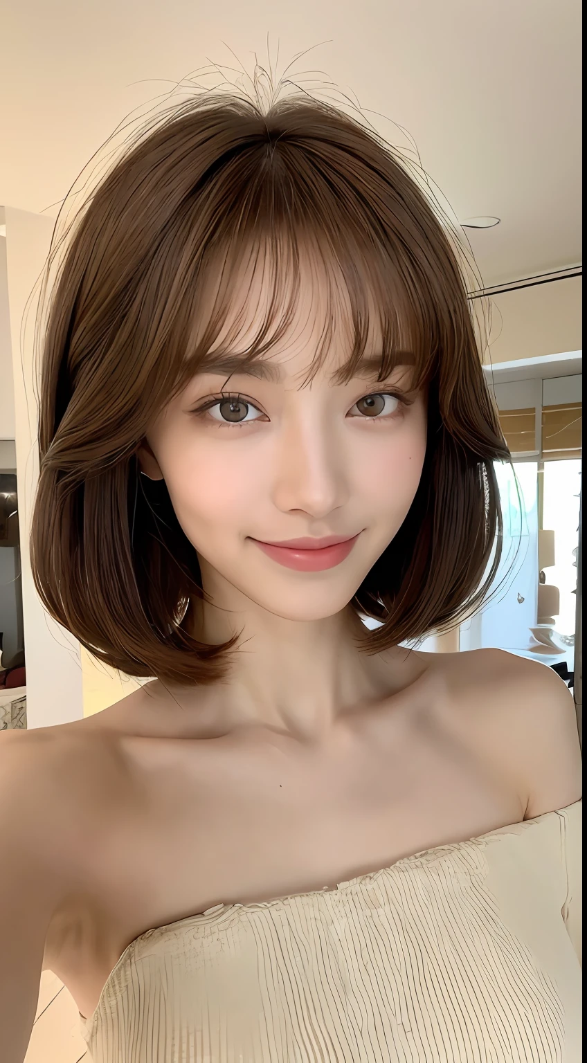 ((Best Quality, 8K, Masterpiece: 1.3)), 1 Girl, Slim Abs Beauty: 1.3, (Hairstyle Brown Hair Shortcut, Big: 1.2), Dress: 1.1, Super Slender Face, Delicate Eyes, Double Eyelids, Smile, Home, Raw Photo