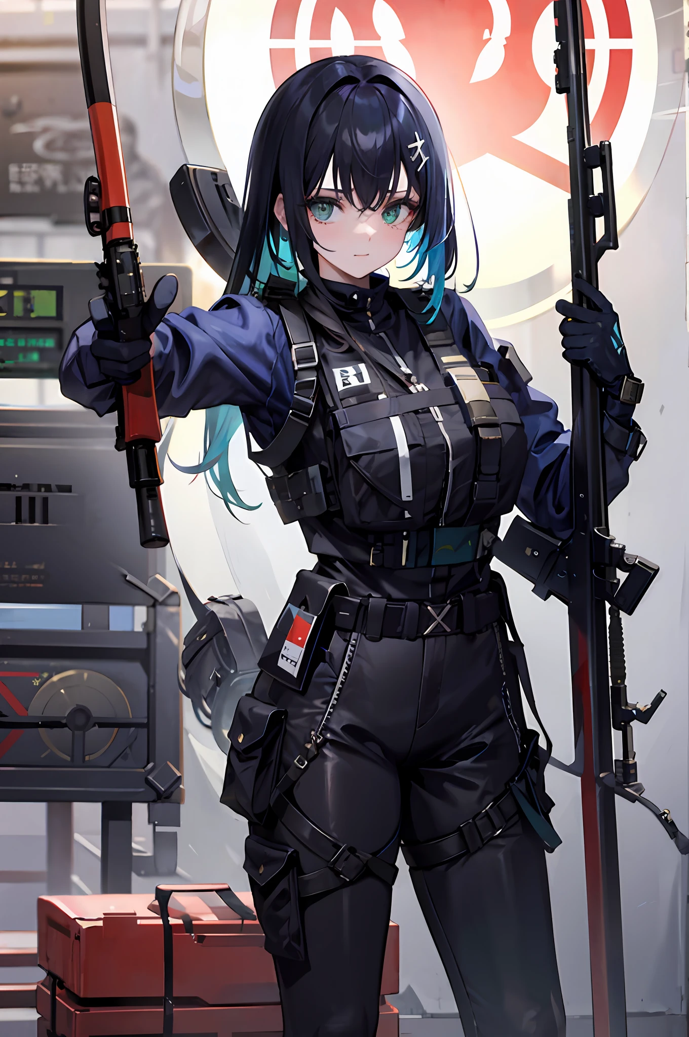 {{​masterpiece、top-quality、Dynamic high-definition CG、8k wallpaper、Cinematographic lighting、lensflare}}、Girl Shooting Rifle、Wide View、full bodyesbian、thick body、long Brond Hair、green colored eyes、(Holding weapons、holding rifle、aim:1.4)、guns、h&K HK416、carbine、open fire、opening fire、(One girl soldier aiming a huge rifle)、24 year old、Teeth are protruding、Special Forces、Knee shooting、Indigo Color Combat Suit、SLR、(EF24-70mm F2.8L II USM)、cowboy shot