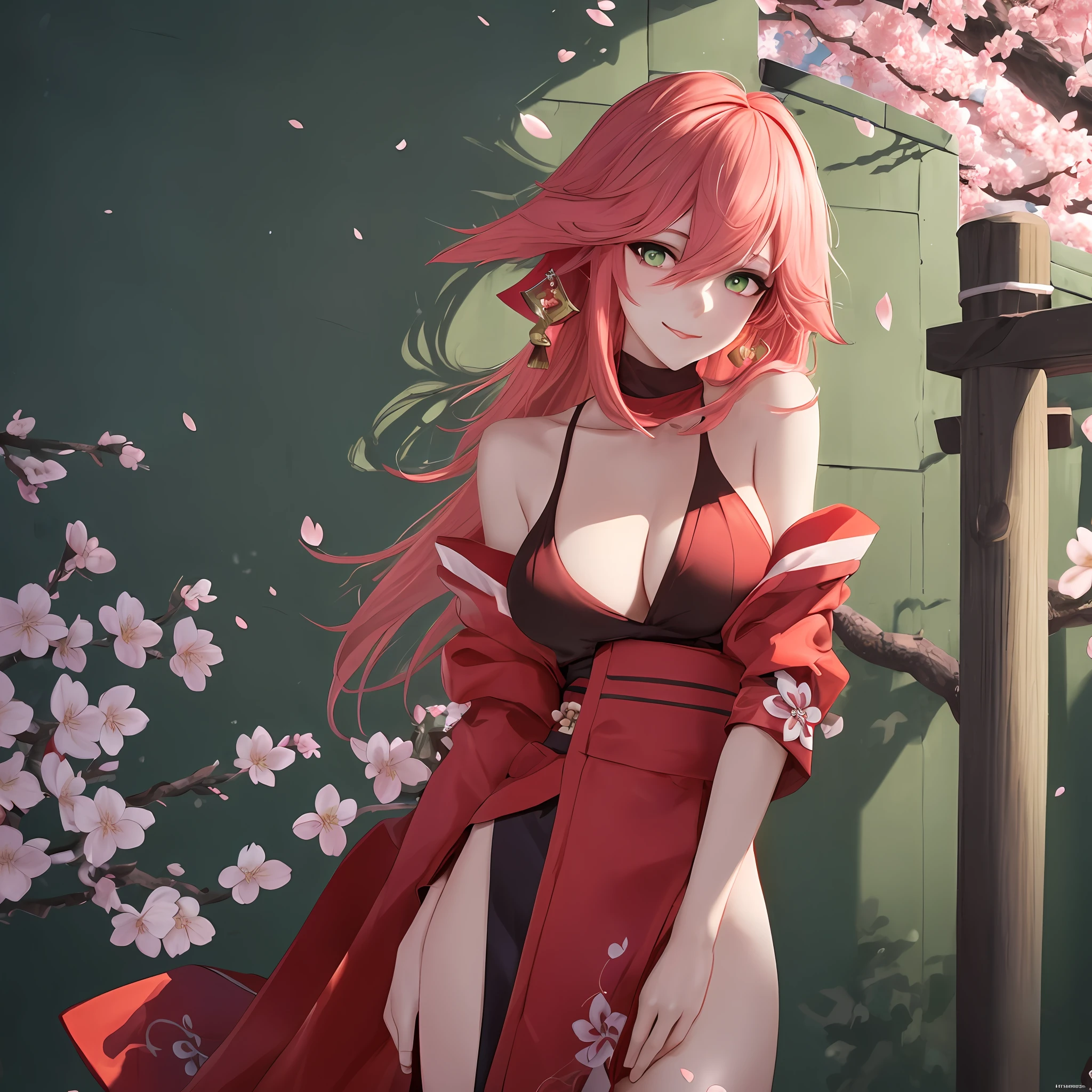 (Masterpiece, Excellent, 1girl, solo, complex details, color difference), realism, ((medium breath)), off-the-shoulders, big breasts, sexy, Yae Miko, long pink hair, red headdress, red highlight, hair above one eye, green eyes, earrings, sharp eyes, perfectly symmetrical figure, choker, neon shirt, open jacket, turtleneck sweater, against the wall, brick wall, graffiti, dim lighting, alley, looking at the audience, ((mean, seductive, charming)), ((cherry blossom background ))),((Japanese temple background)))), (((Glow-in-the-dark background)))