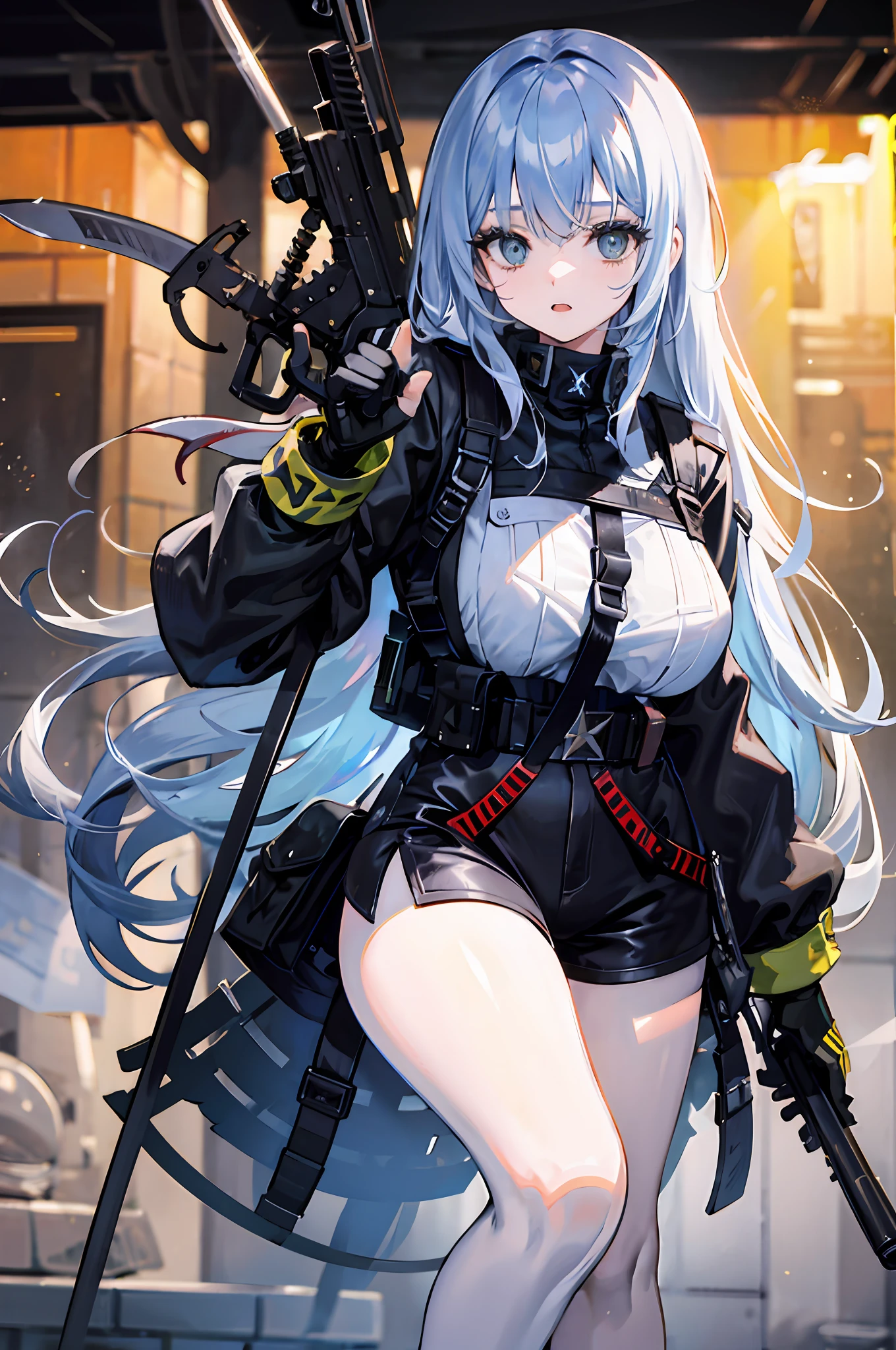 {{​masterpiece、top-quality、Dynamic high-definition CG、8k wallpaper、Cinematographic lighting、lensflare}}、Girl Shooting Rifle、Wide View、full bodyesbian、thick body、long Brond Hair、green colored eyes、(Holding weapons、holding rifle、aim:1.4)、guns、h&K HK416、carbine、open fire、opening fire、(One girl soldier aiming a huge rifle)、24 year old、Teeth are protruding、Special Forces、Knee shooting、Indigo Color Combat Suit、SLR、(EF24-70mm F2.8L II USM)、cowboy shot