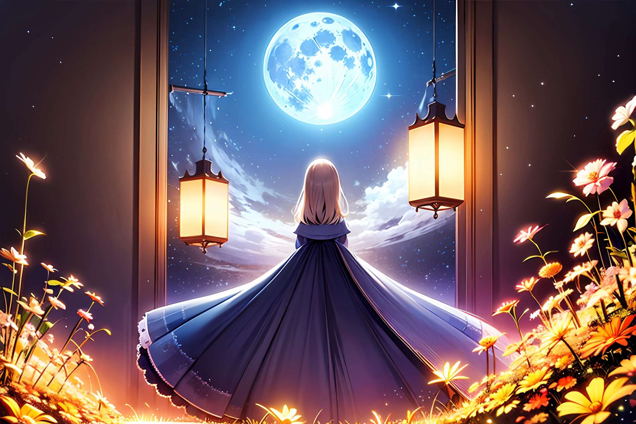 Expansive landscape photograph, (view from below with a view of the sky and the wilderness below), little girl standing in a flower field looking up, (full moon: 1.2), (shooting star: 0.9), (nebula: 1.3), distant mountain, tree break production art, (warm light source: 1.2), (firefly: 1.2), lamp, purple and orange, intricate detail, volume lighting BREAK (masterpiece: 1.2), (highest quality ), 4k, ultra-detailed, (dynamic configuration: 1.4), highly detailed and colorful details (iridescent: 1.2), (sparkling lighting, atmospheric lighting), dreamy, magical, (solo: 1.2)