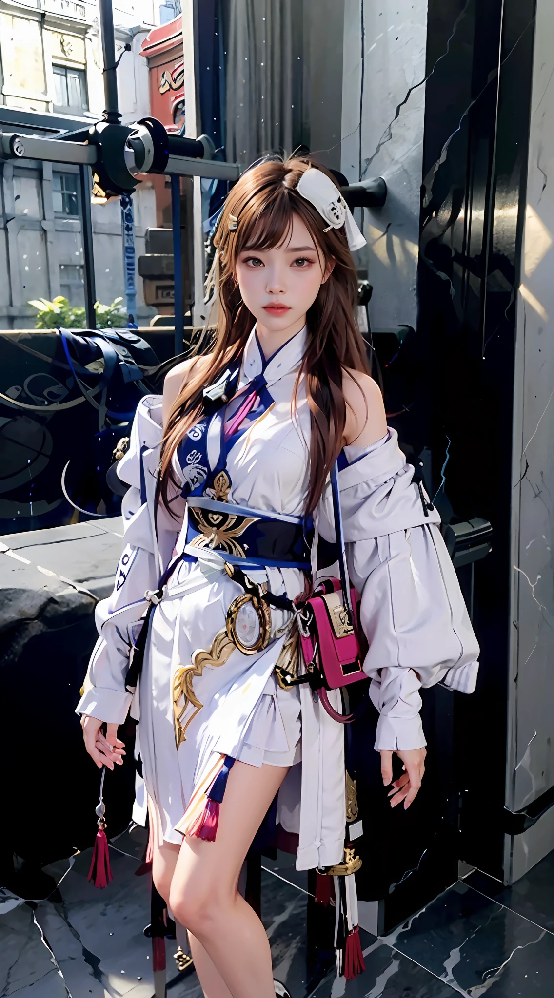 A girl in a white dress holds a sword,Girl all over, White skin,Under lightning, Palace,Chinese-style architecture,Girl in white in Chinese clothes, Hair and robes flowing, photorealestic,storming,Flowing robes,very vey very detailed face