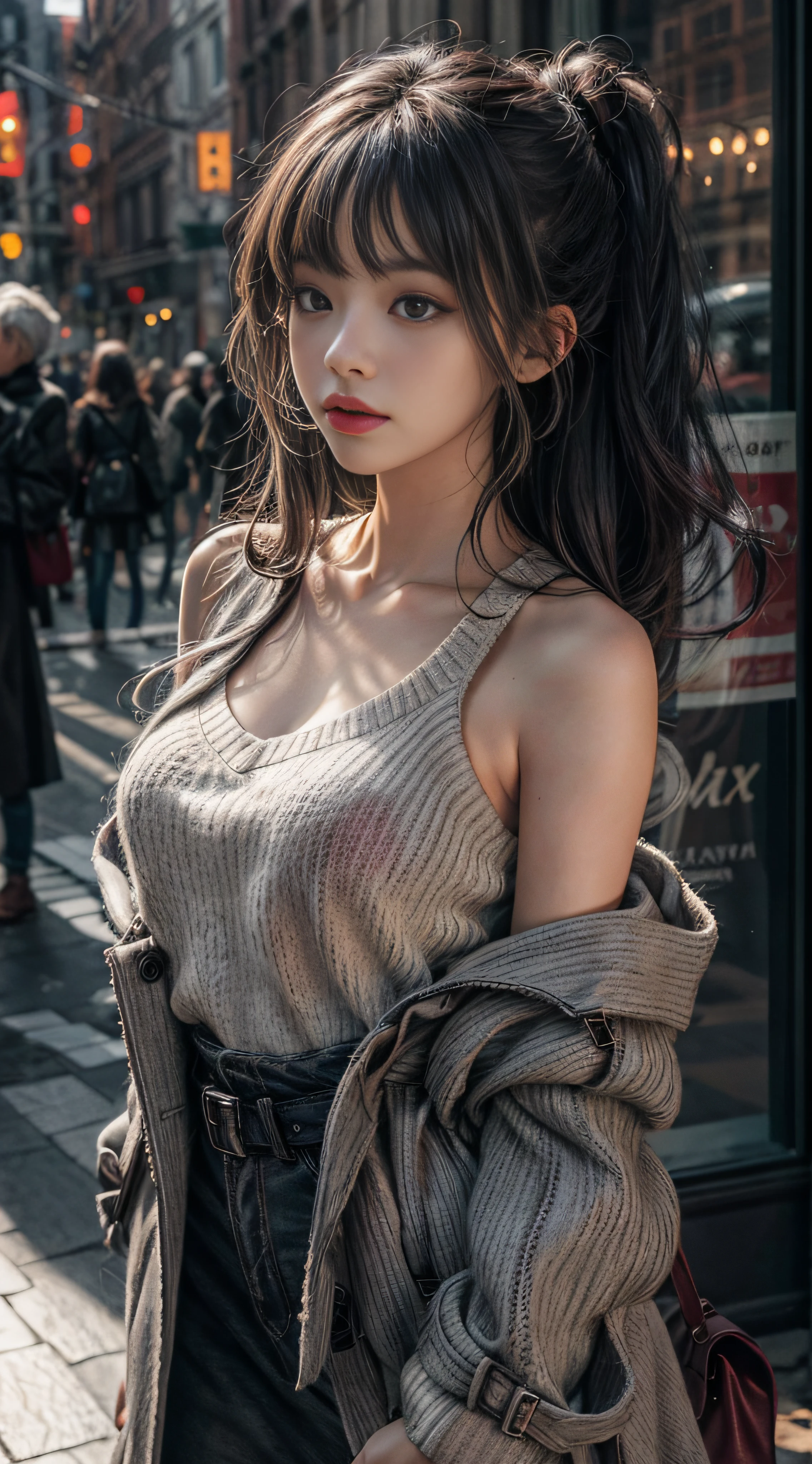 Bust photo,Gray hair,Burgundy sweater,Extra-long hair,Exposed shoulder,Black trench coat