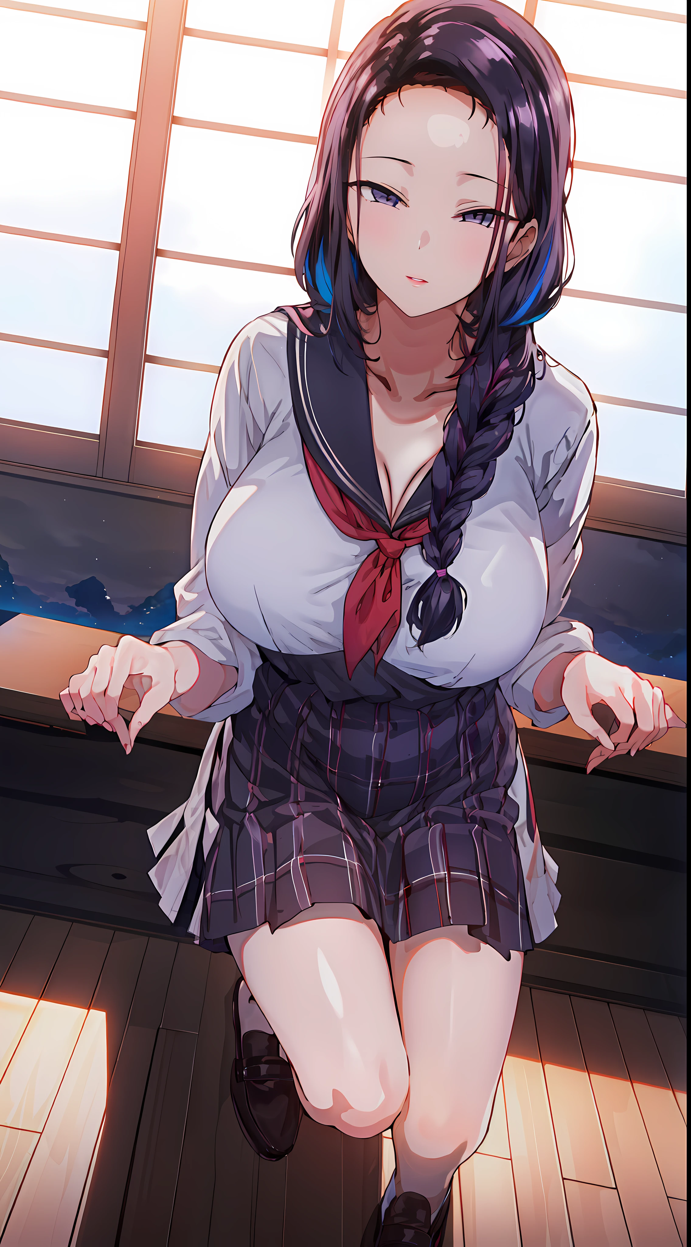 (Night:1.7), gal, classroom, squeze breast,
(school_gal_uniform:1.3),cleavage,
red_hair, long_hair, hair_pulled_back,parted_lips,purple_eyes, braid,
1 girl, 24yo,mature female,Beautiful Finger,Beautiful long legs,Beautiful body,Beautiful Nose,Beautiful character design, perfect eyes, perfect face,
looking at viewer, in the center of the image,official art,extremely detailed CG unity 8k wallpaper, perfect lighting,Colorful, Bright_Front_face_Lighting,
(masterpiece:1.0),(best_quality:1.0), ultra high res,4K,ultra-detailed,
photography, 8K, HDR, highres, absurdres:1.2, Kodak portra 400, film grain, bokeh:1.2, lens flare, (vibrant_color:1.2)
(Beautiful,large_Breasts:1.4), (beautiful_face:1.5),(narrow_waist), full body shot, perfect finger, perfect toes