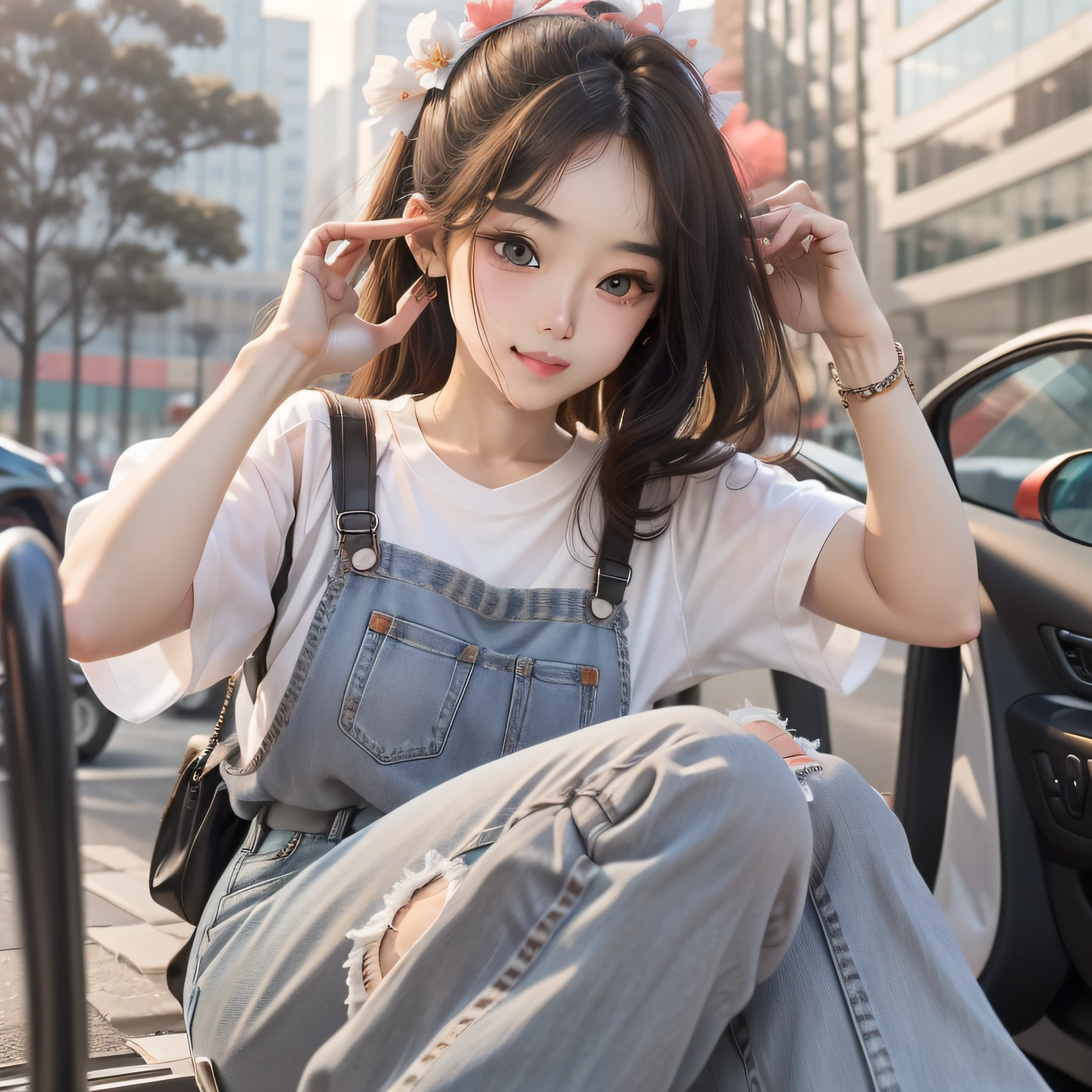 Black long straight,Peach blossom eyes,largeeyes,Pure white short sleeves,Blue loose jeans,shy