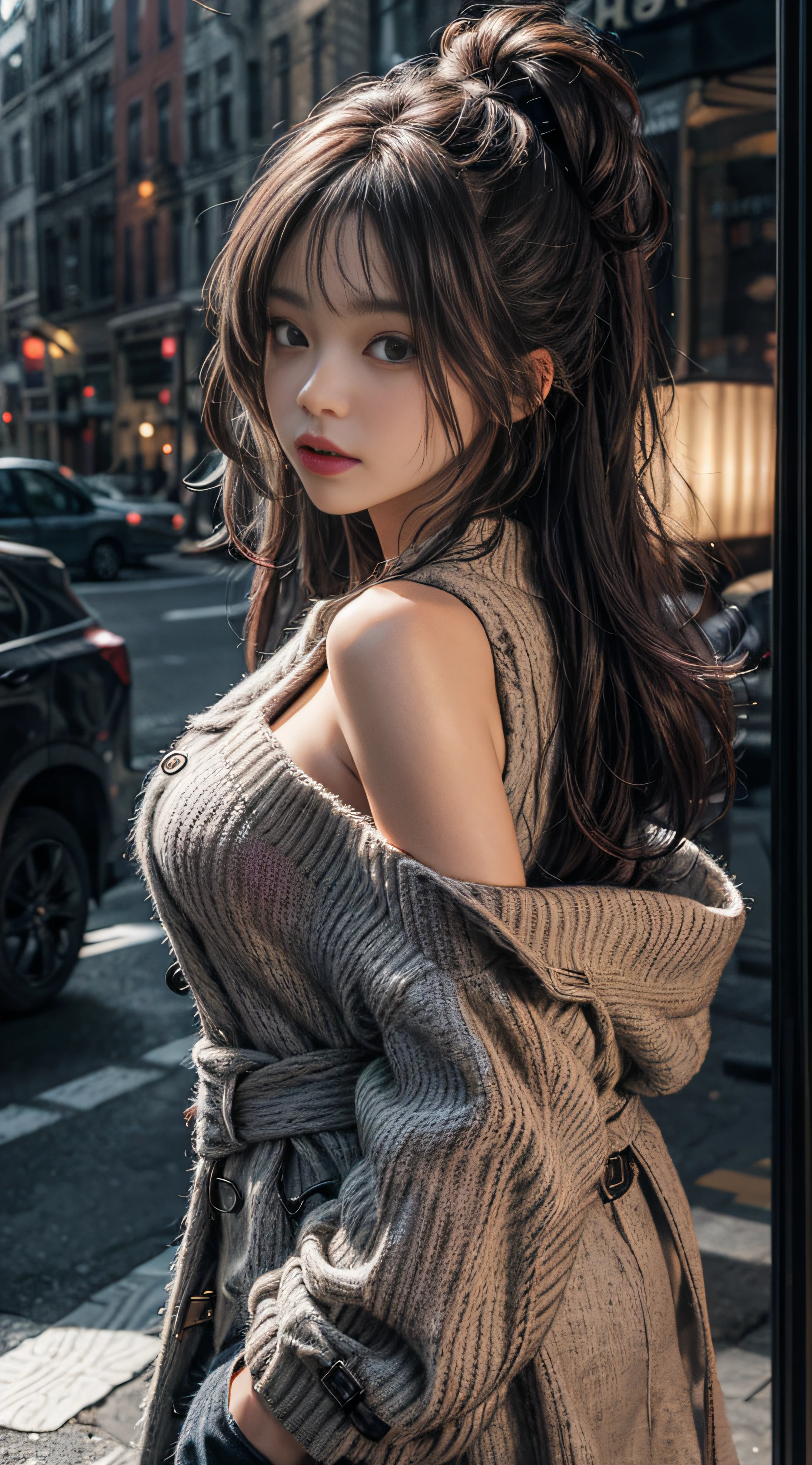 Bust photo,Gray hair,Burgundy sweater,Extra-long hair,Exposed shoulder,Black trench coat