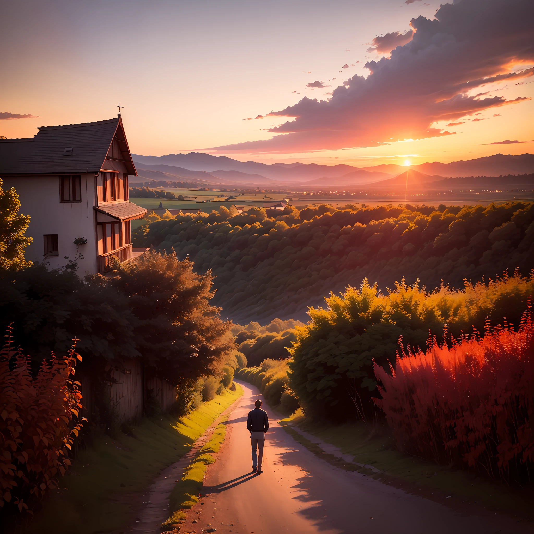 Beautiful countryside,Fiery red sunset,Two people --auto
