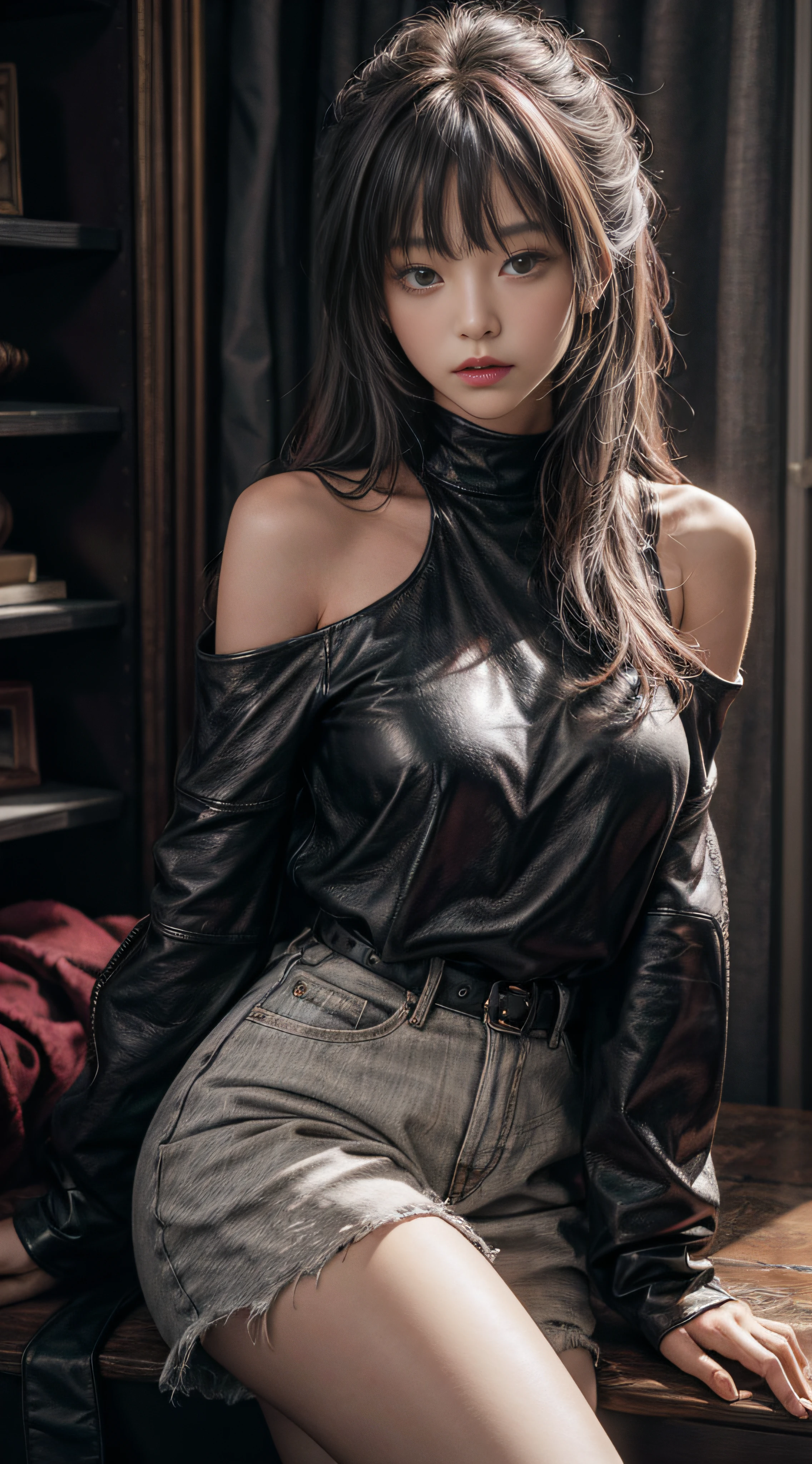 Bust photo,Gray hair,Burgundy sweater,black leather clothes,Extra-long hair,Exposed shoulder,