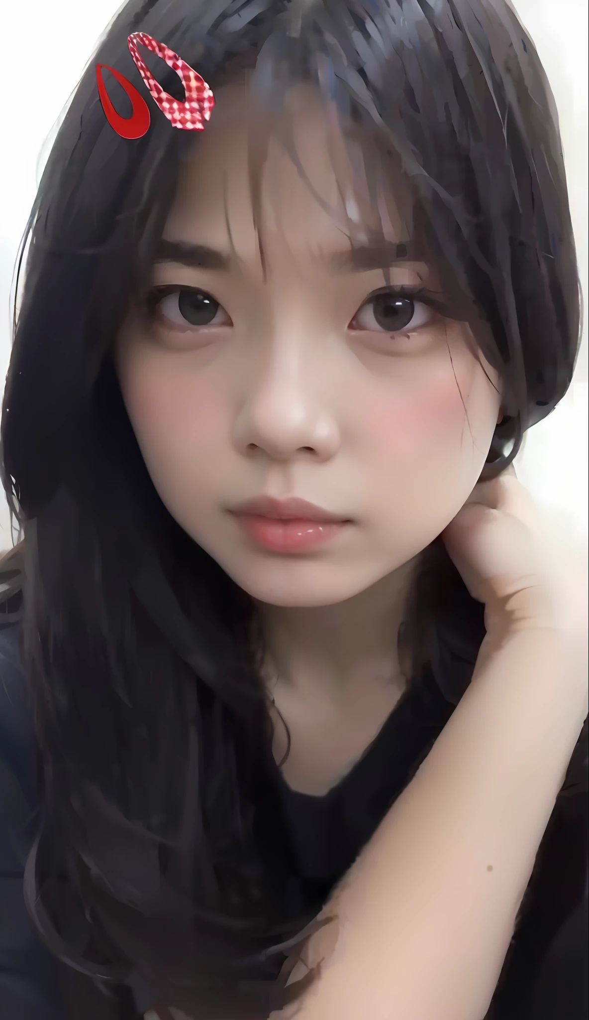 There is a young girl with a red bow on her head, wan adorable korean face, young lovely Korean faces, young cute wan asian face, ulzzangs, with round face, south east asian with round face, girl cute-fine face, Ruan cute vtuber, Korean girl, beautiful round face, pale round face, soft round face