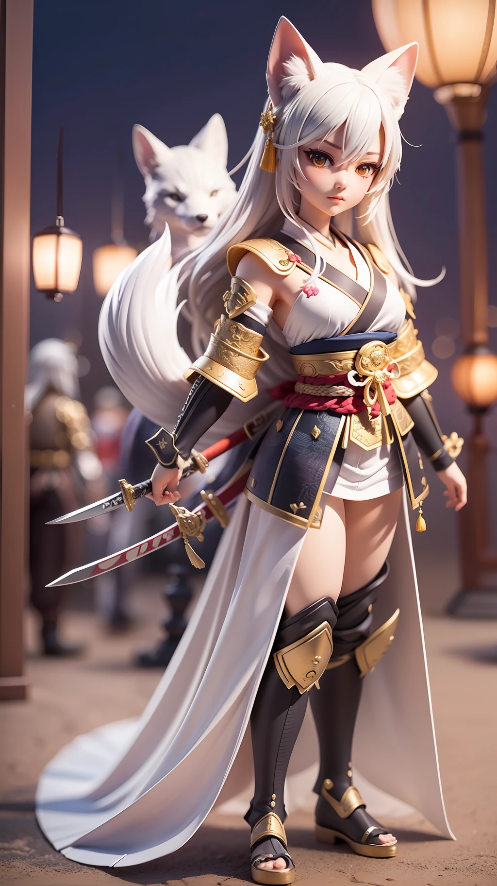 tmasterpiece、top-quality、Lots of detail、(full body Esbian:1.2)、tchibi、White fox orcs、((male people1One guy))、samurais、s Armor、(Detailed Japanese swords)、(SakuraNS)、lantern、Moon Night、rays of moonlight、a 3D render、Q printmaking style