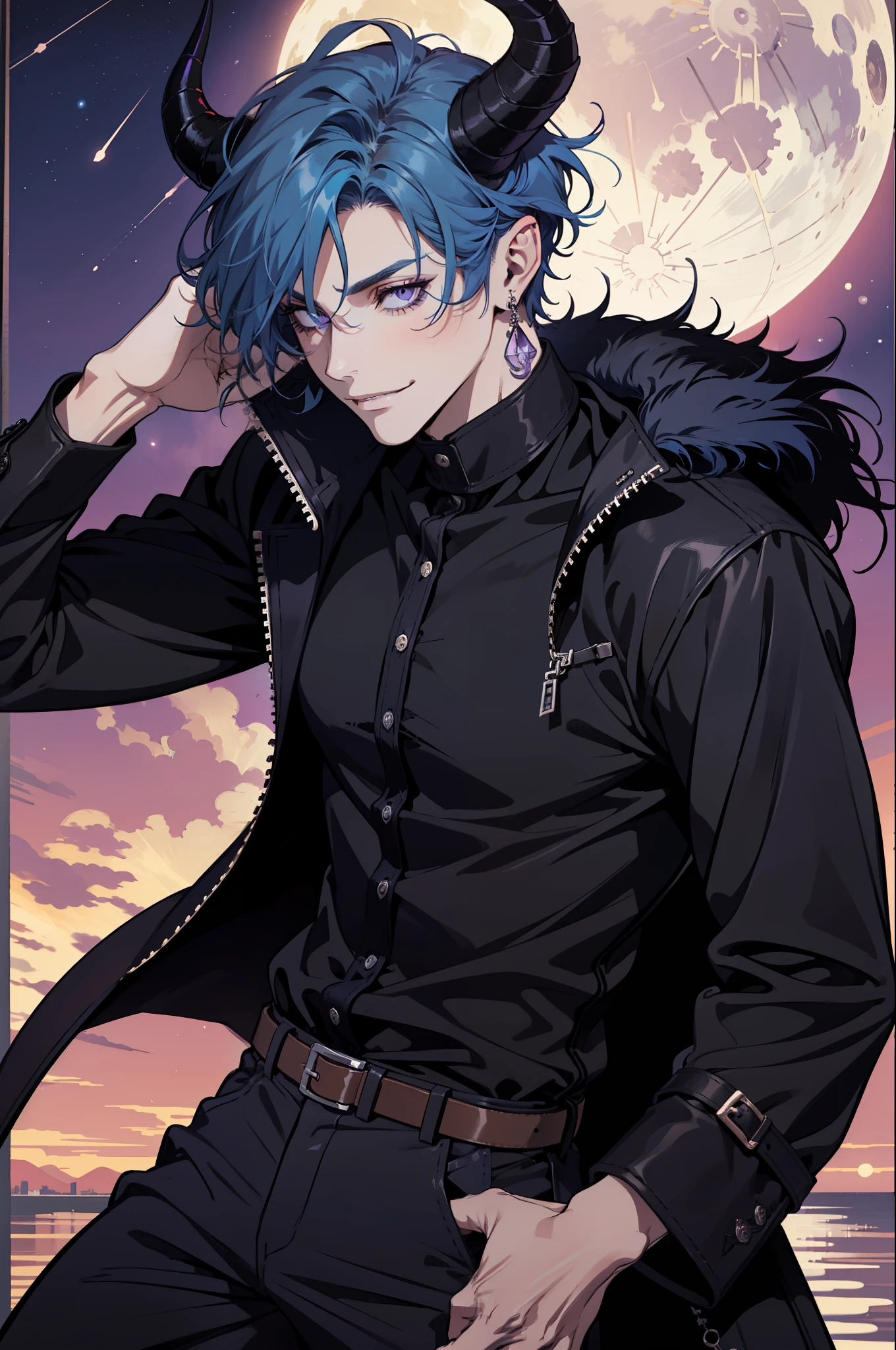 (absurdres, highres, ultra detailed), 1man, 30 years old man, adult man, handsome, tall, finely detailed eyes and detailed face, leather pants, (((black shirt))), night, smile, dutch angle, ((short hair, blue hair)), moon, silver details, gothic, incubus, prince, dark, simple clothes, looking at the view, pale skin, purple detailed eyes, (masculine), sexy, elegant, (((long bangs))), detailed hands, (((purple eyes))), bad boy, (muscles), smirk, ((((horns)))), shirt without buttons, defined muscles, braid, ((angular, masculine face)), elf ears, piercings in ears, (( black furr coat))