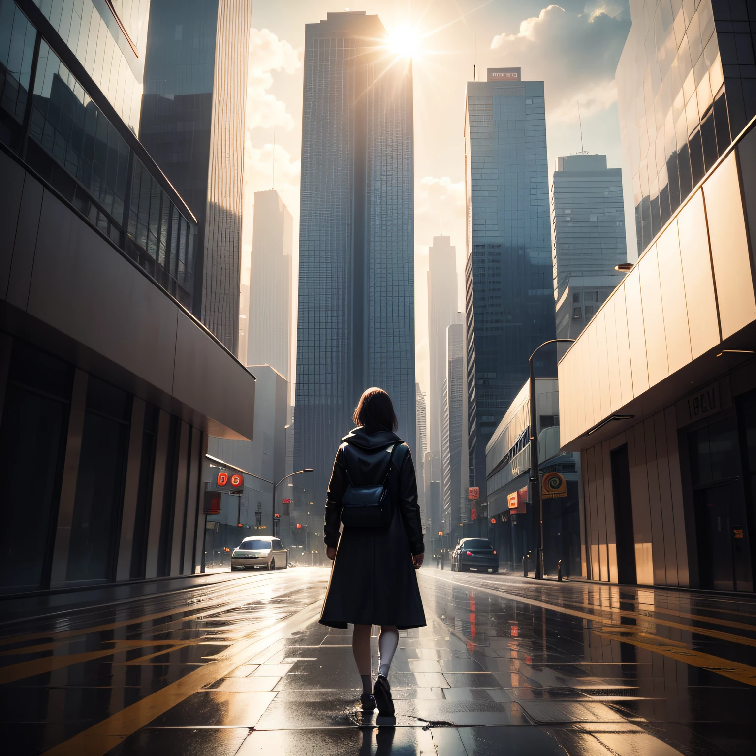 There is the sun,There was heavy rain,Walk alone in an empty city,There was only one person on the street,It is surrounded by high-rise buildings,Have a feeling of emptiness --auto