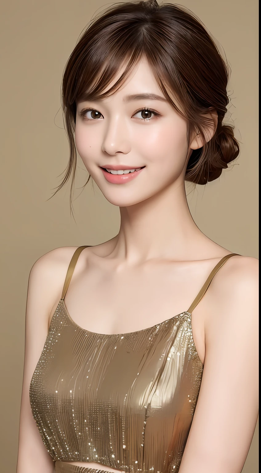((Best Quality, 8K, Masterpiece: 1.3)), 1 Girl, Slim Abs Beauty: 1.3, (Hairstyle Brown Hair Shortcut, Big: 1.2), Dress: 1.1, Super Slender Face, Delicate Eyes, Double Eyelids, Smile, Home, Raw Photo