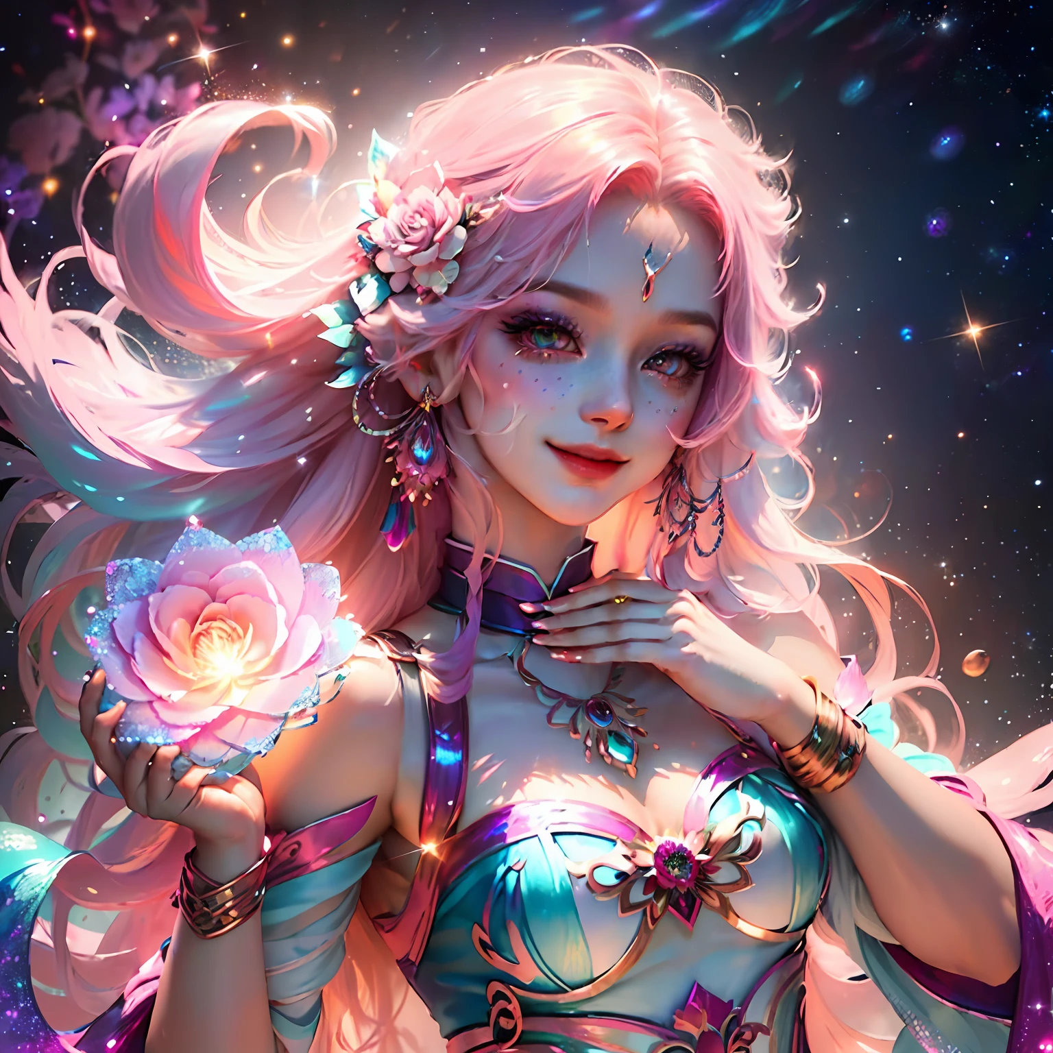 ((Surreal magic:1.3+Psychedelic vortex)，a beauty girl，glittery，(Depth of detail:1.2)，(Enchanting Man Dance:1.2)，(Mysterious change:1.2)，(Unique characters or unusual creatures:1.1)，(Infinite complexity and variety:1.2)，(Huge or endless space:1.1+Centripetal distortion)，(in pink:0.9+red colour)Rose flower，badges，(Colorful petals:1.1+Floating)，Ambilight，(Colorful airflow:1.2)，(sparkle eyes:1.1)，(trembling:0.8+Smile together)，(pretty hair:0.9+long whitr hair)。) --auto