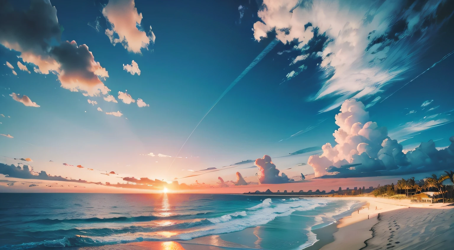 Create 4K 9:16 images,Depicts a stunning sunrise over a tropical beach from a bird's eye view,There are gentle waves and palm trees on the coast。The color palette should be vibrant,Convey a feeling of renewal and positive energy --auto