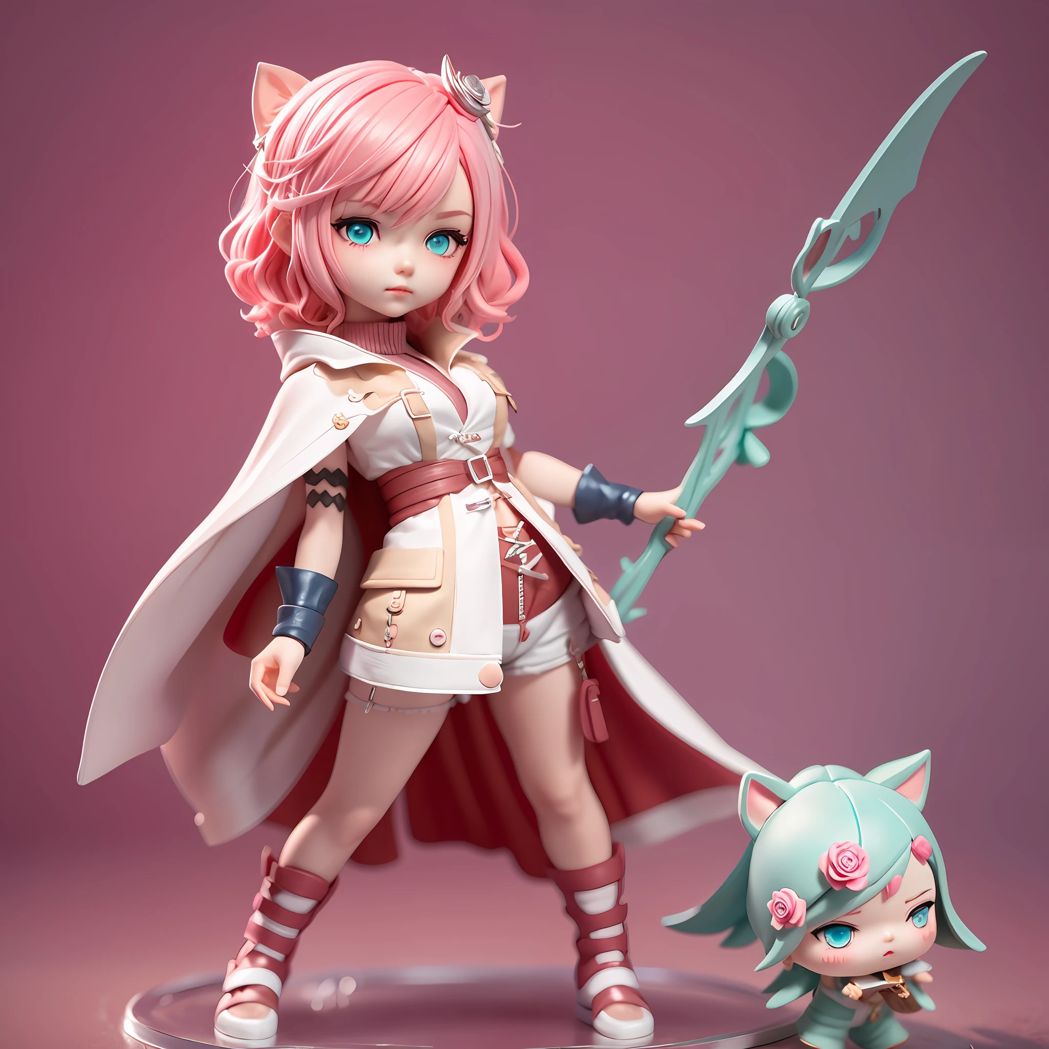 blind box toy style, Chibi, Full body, Foot Stand, Writing Final Fantasy, Medium short hair, Wavy rose-pink hair, Bright aqua eyes, White shirt, red cape, Standing