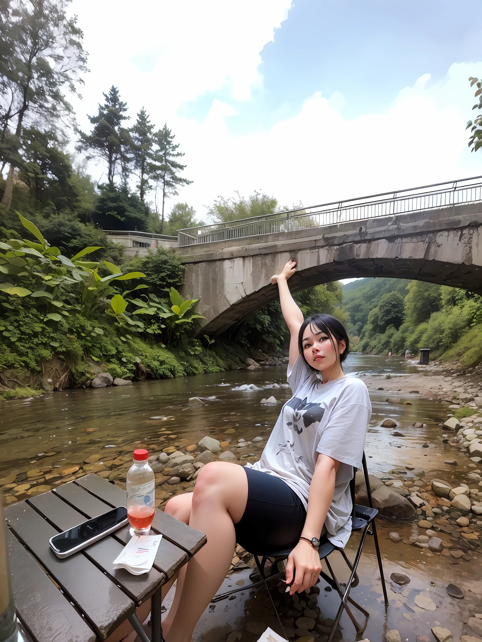 There was a woman sitting on a chair by the river。, sittinng on the river, next to a waterfall, next to a small river, river in the background, beside a river, peacefully drinking river water, beside a river, waterfall in background, connected with hanging bridge!!, Sit under the bridge, waterfall in background, near a river, beside a river
