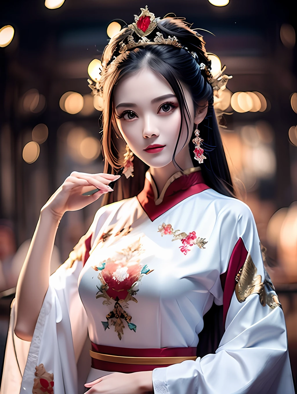 top-quality、masterpiece、hight resolution、Wuxi 1girl、qipao dress、Super beautiful face、Super beautiful eyes、Super beautiful hair、breasts looking、hide your chest with both hands、See-through material、The skin is sheer、