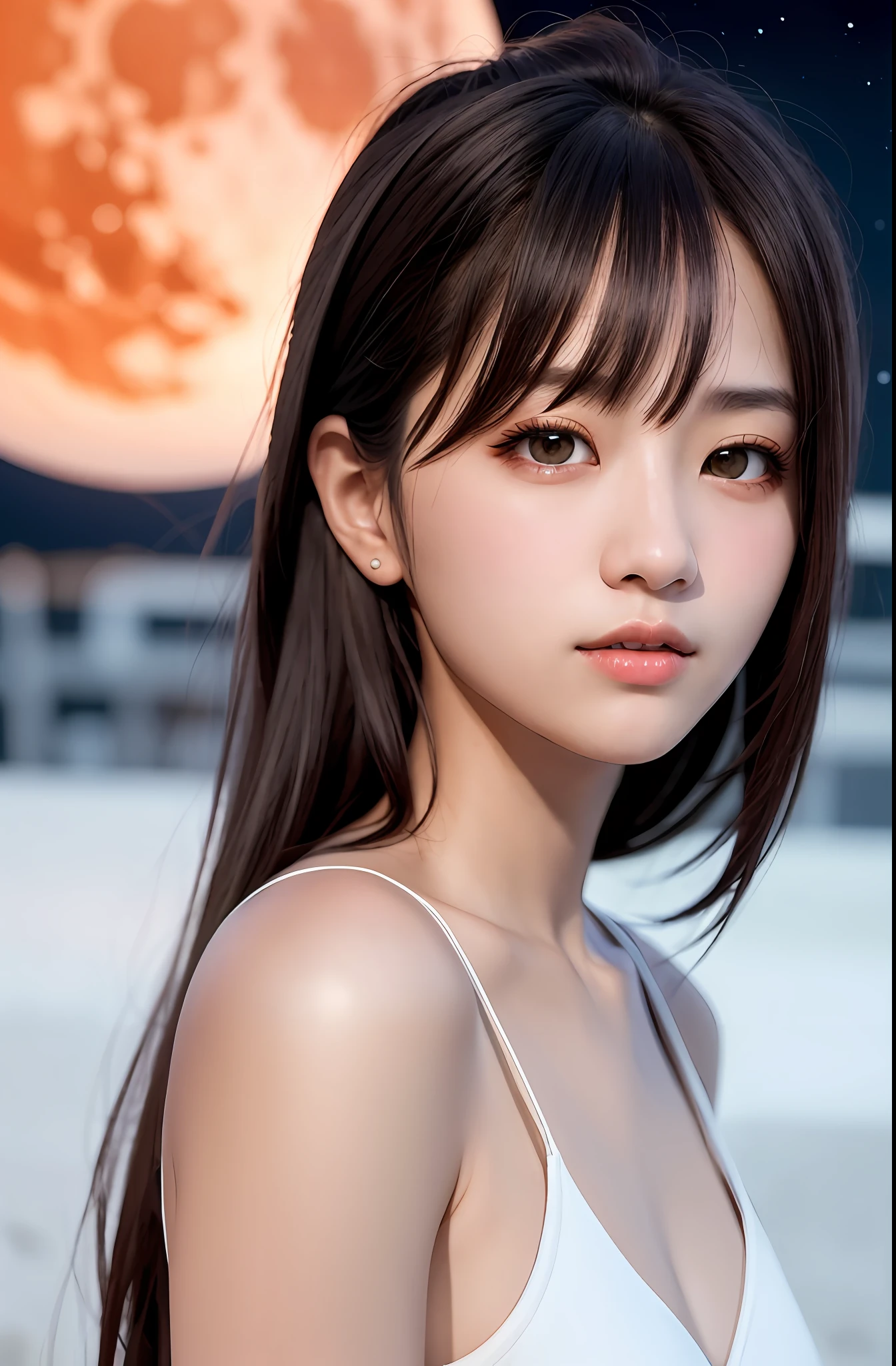 1 girl, beautiful face, ((white eyes)), sexy pose, red moon in the background, stars, space, (lightroom: 1.13), soft light, (natural skin texture: 1.2), (hyperrealism: 1.2), sharp focus, focus