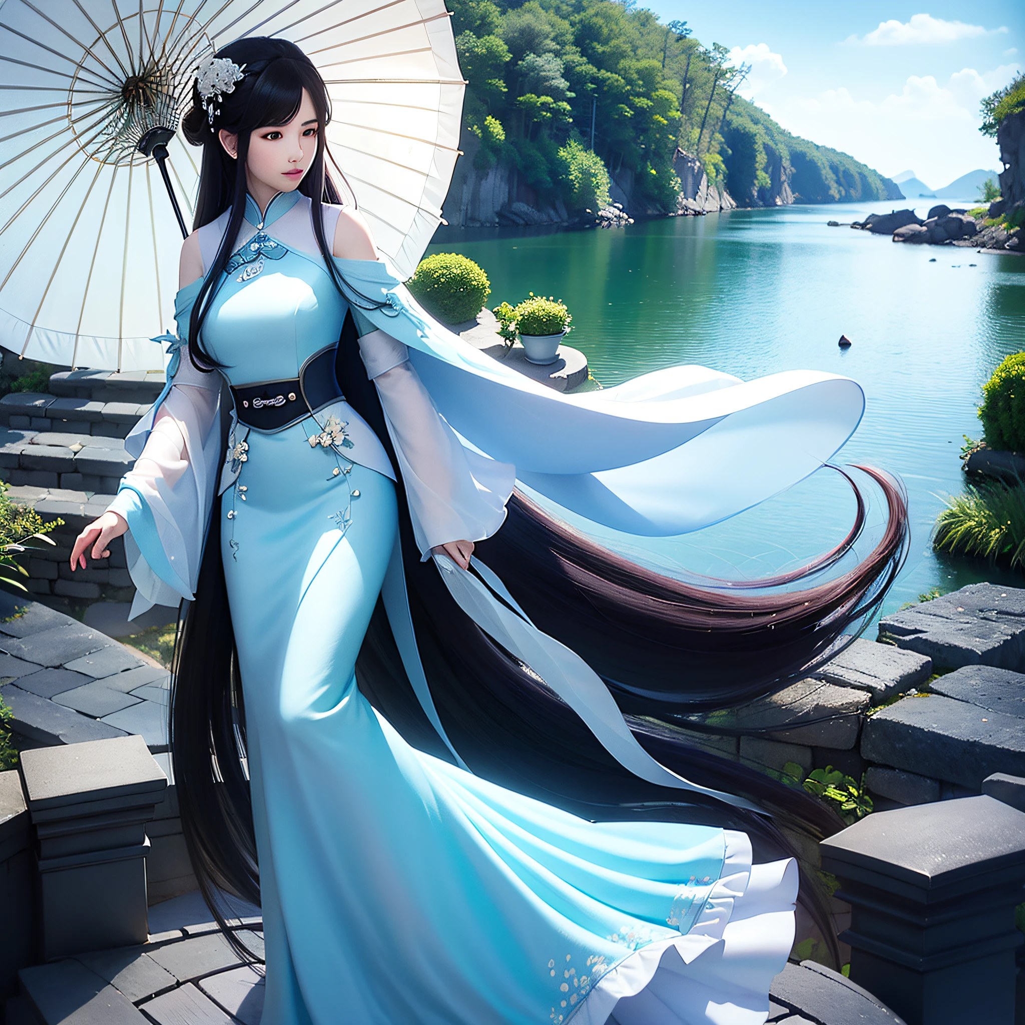 (((2 girls))),ray tracing, (dim light), [realistic], 
On the Jiangnan stone bridge, two girls passed by. one girl walked in front with long black hair and blue cheongsam, while the other girl walked in back with white cheongsam and umbrella.,{{masterpiece}}, {{{best quality}}},{{ultra-detailed}}, {{illustration}},{{disheveled hair}},{{masterpiece}},{{{best quality}}},{{ultra-detailed}}, {{{illustration}}},depth of field (dof),full body,extreme long shot,film lighting,