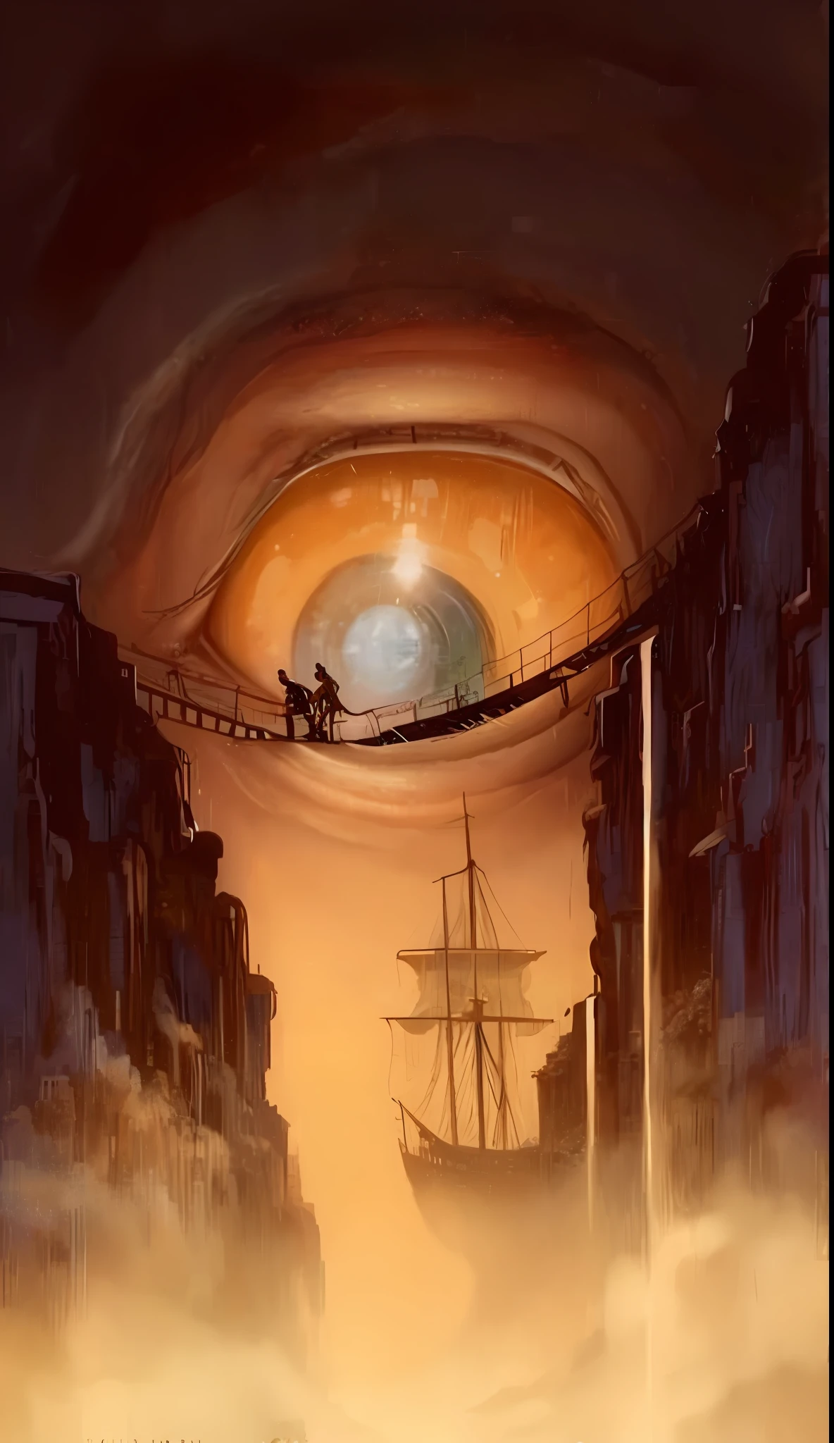 pintura de um homem em uma ponte sobre um rio com um navio ao longe, science fantasy painting, illusion surreal art, surreal oil painting, Pintura surrealista, Isaac Asimov e Marc Simonetti, pintura surreal, surrealist oil painting, uma Pintura surrealista, arte conceitual surreal, surreal oil on canvas, inspirado em Vladimir Kush, Estilo surrealismo